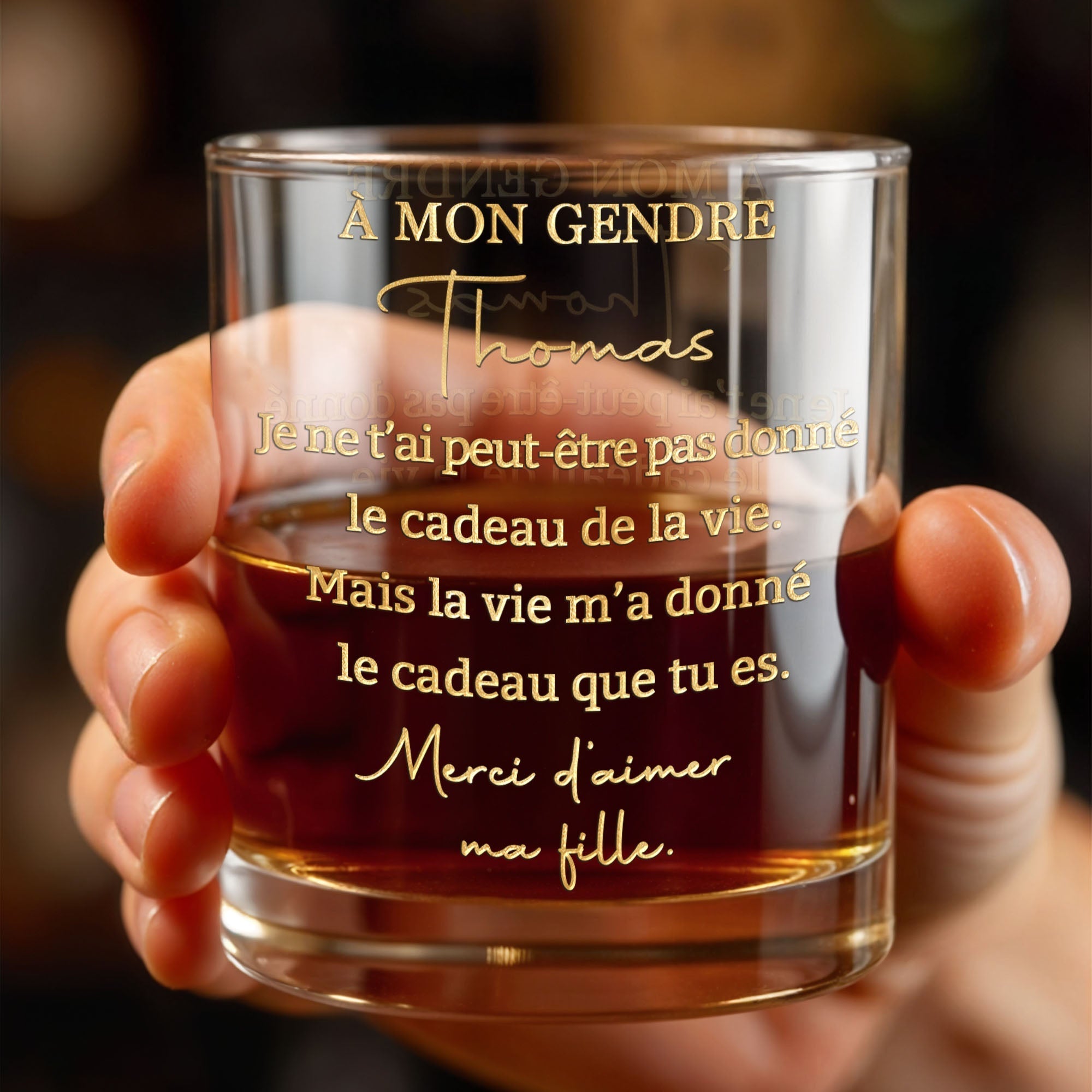 Personalized Custom Whiskey Glass Gift for Son-in-Law with Gold Text