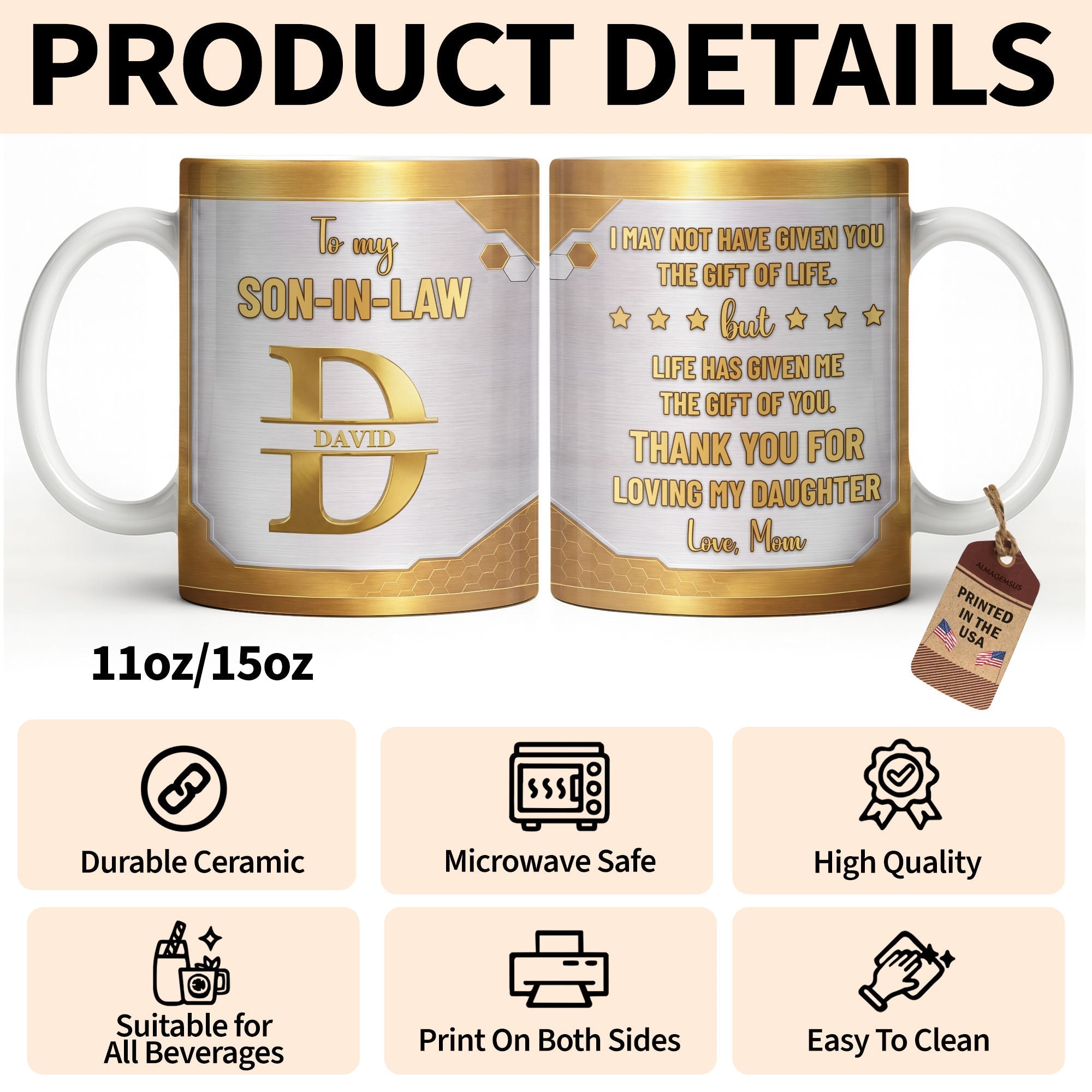 Personalized Gold Monogram Coffee Mug Custom Gift for Son-In-Law