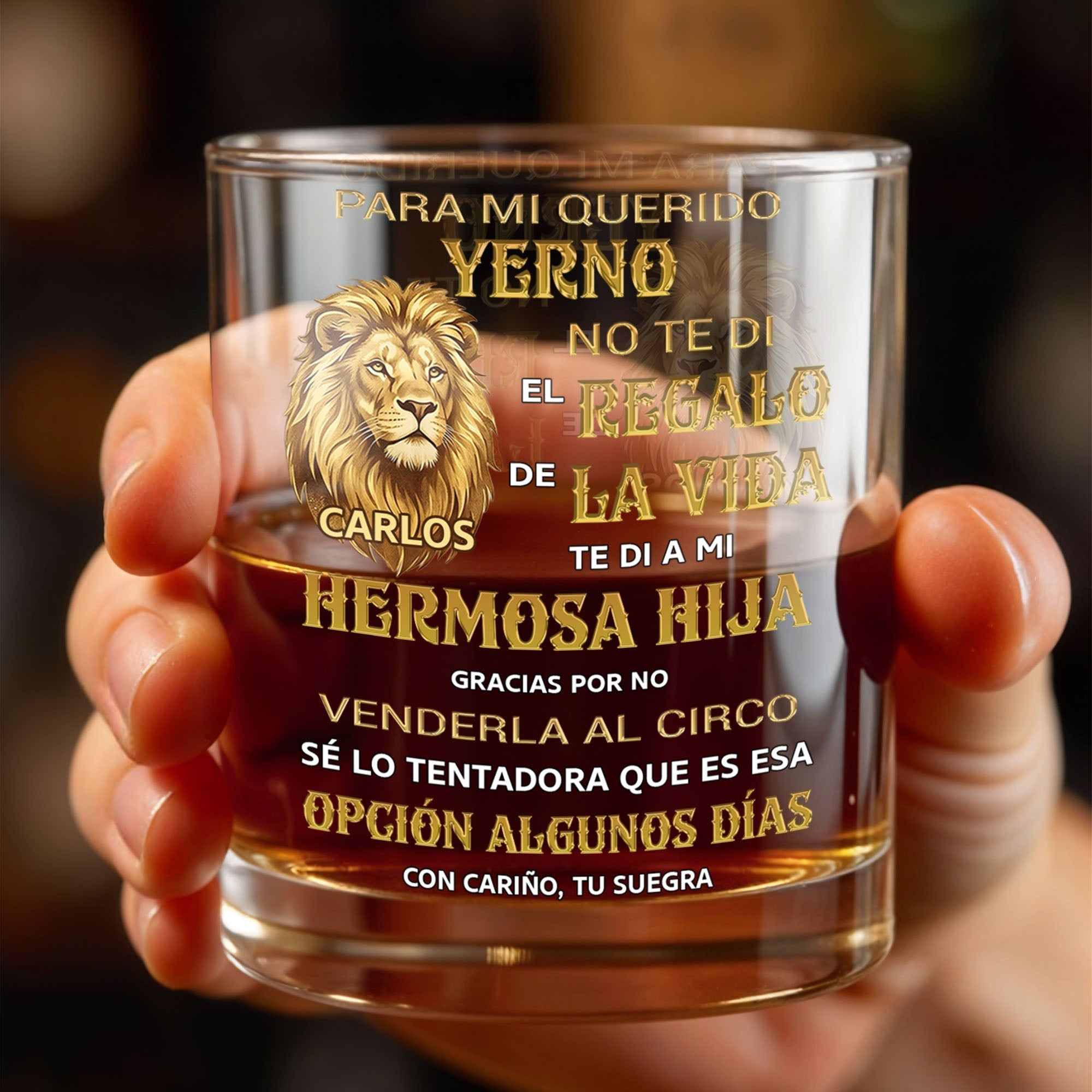 Personalized Custom Whiskey Glass with Lion Art Gift for Son-in-Law
