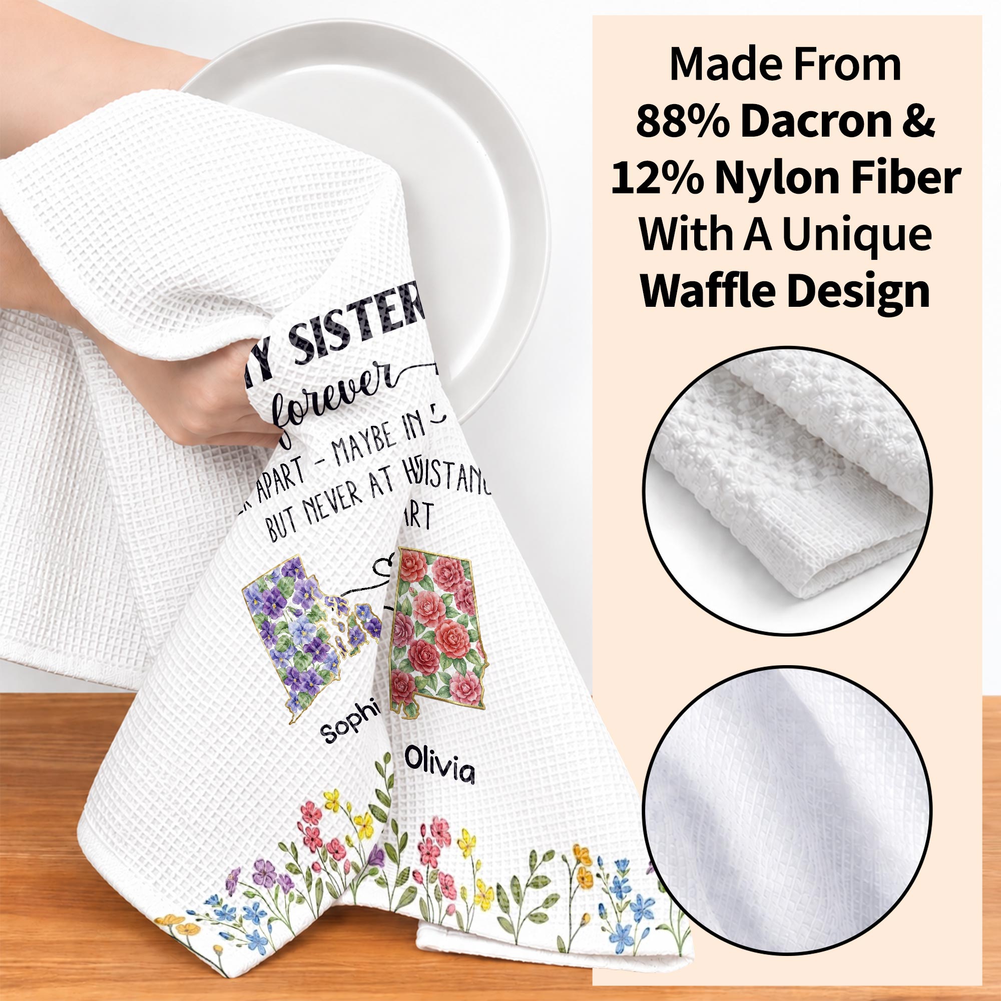 Personalized Floral Kitchen Towel Custom Gift for Sister