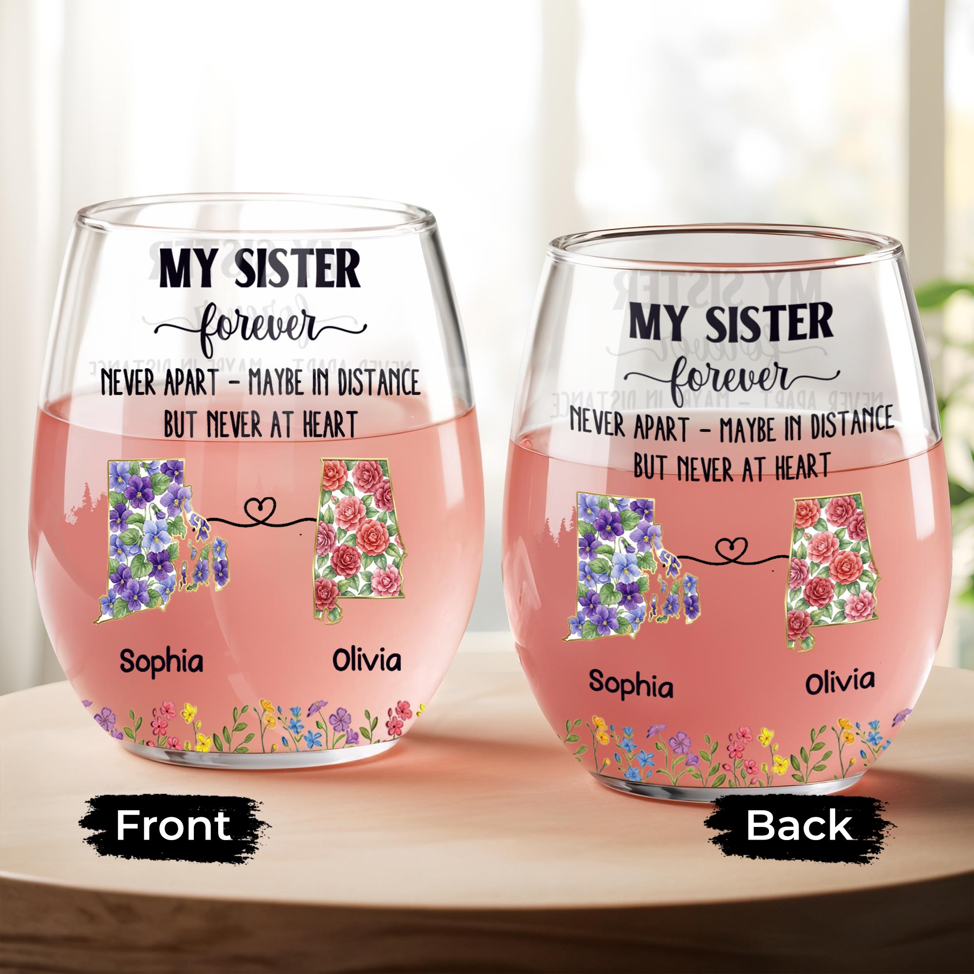 Personalized Floral Stemless Wine Glass Gift for Sister