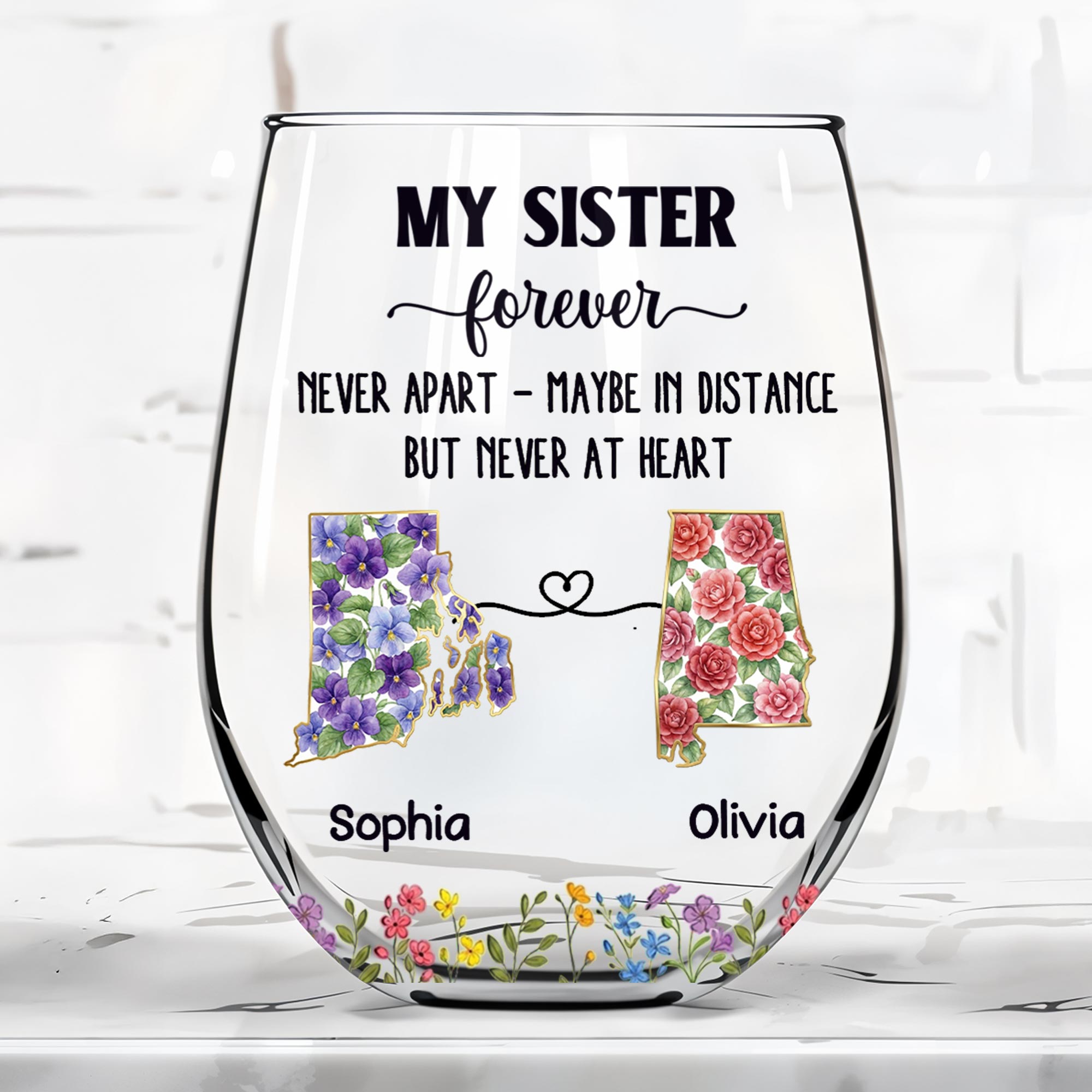 Personalized Floral Stemless Wine Glass Gift for Sister