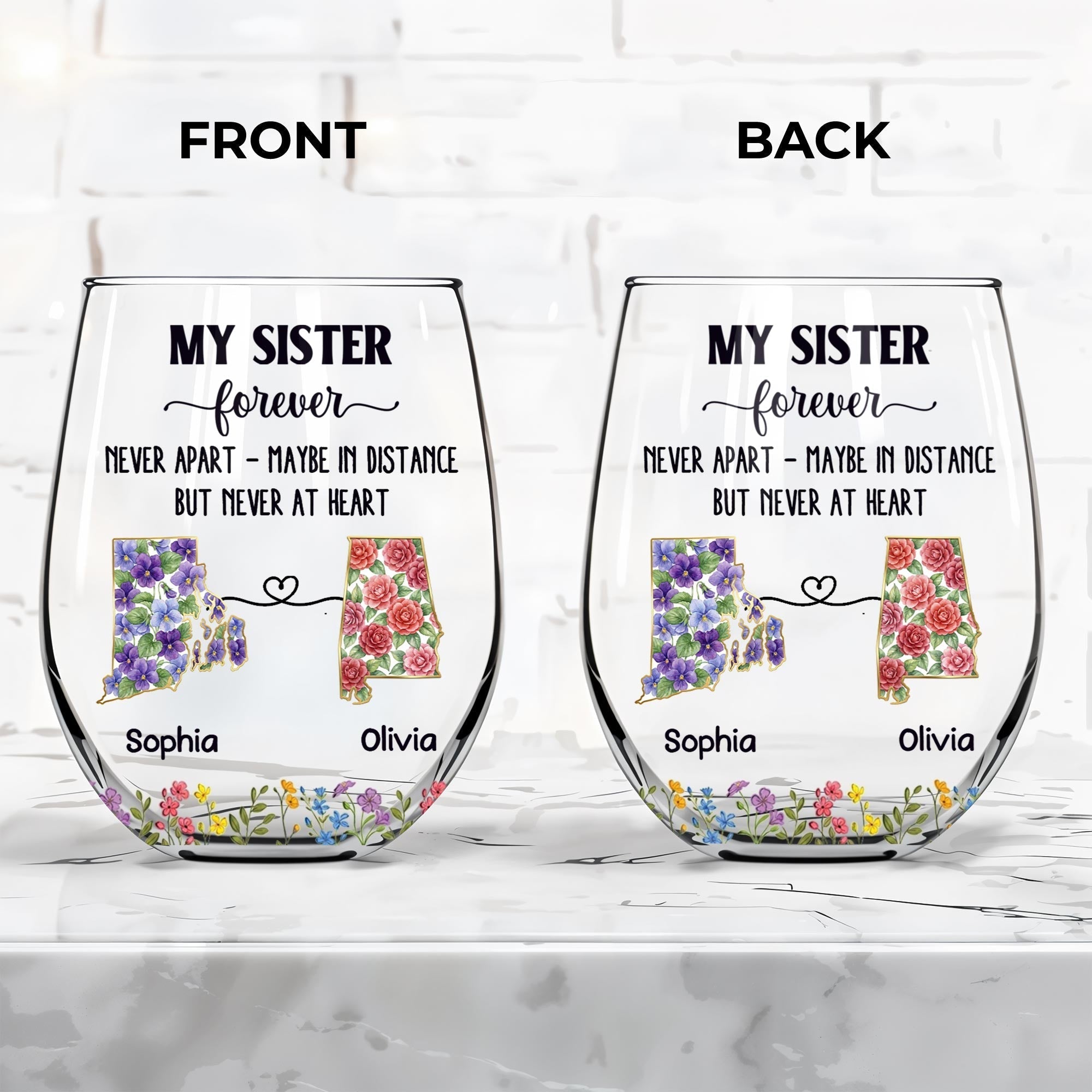 Personalized Floral Stemless Wine Glass Gift for Sister