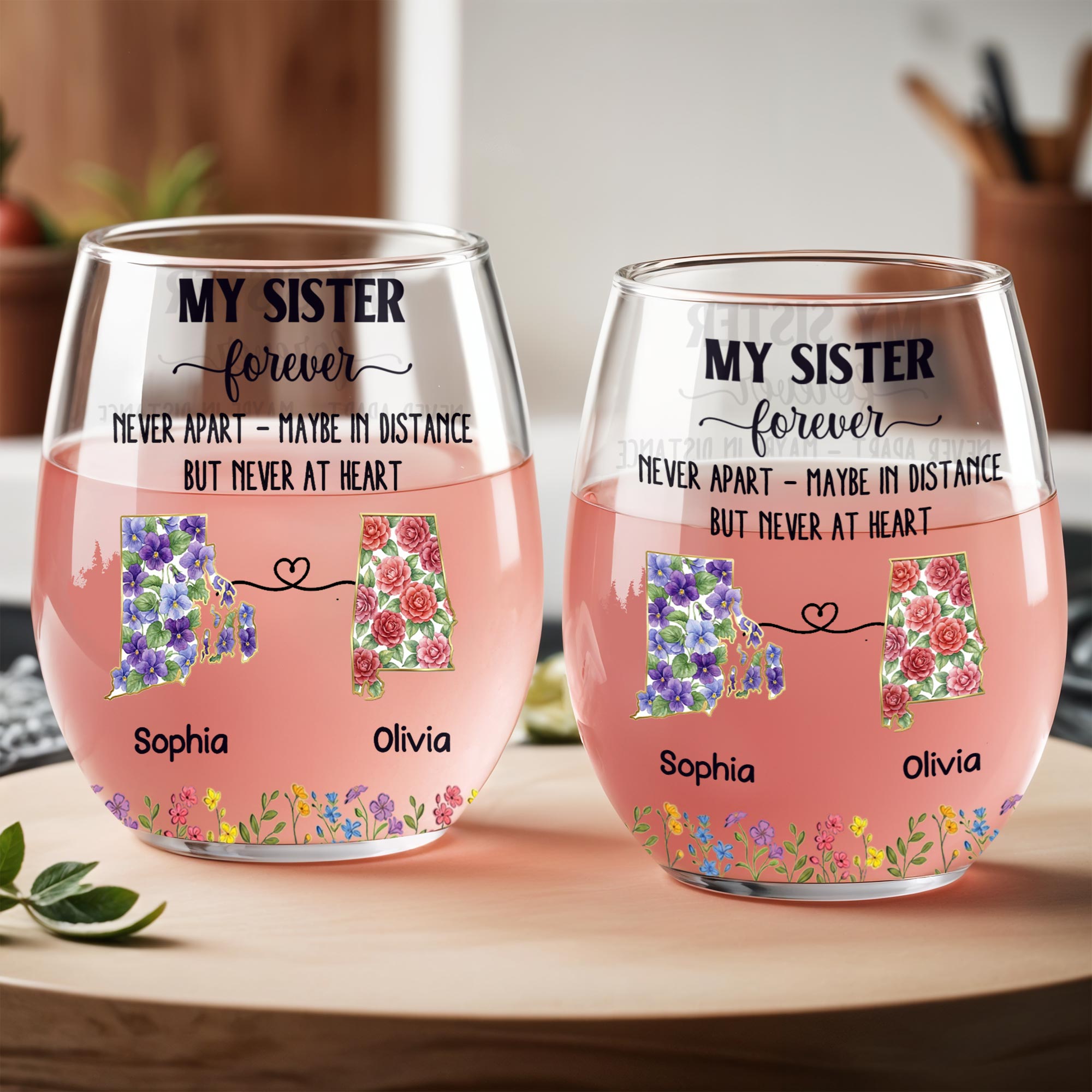 Personalized Floral Stemless Wine Glass Gift for Sister