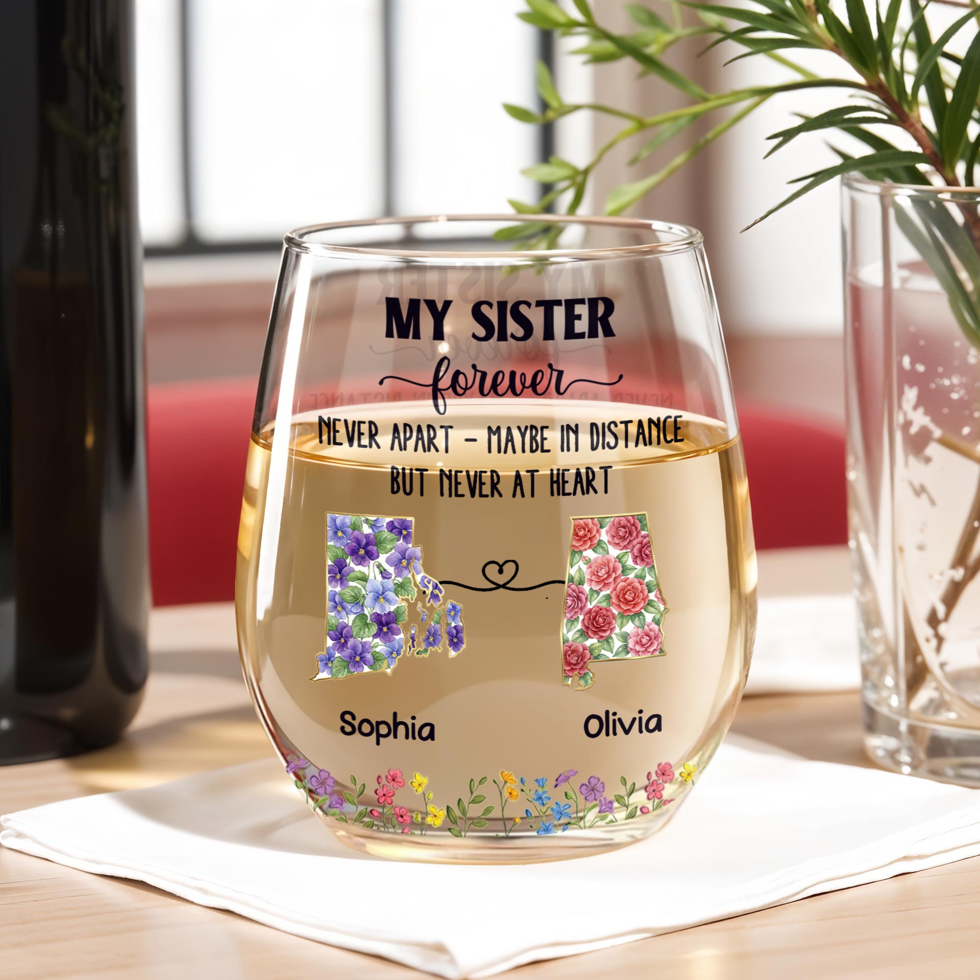 Personalized Floral Stemless Wine Glass Gift for Sister