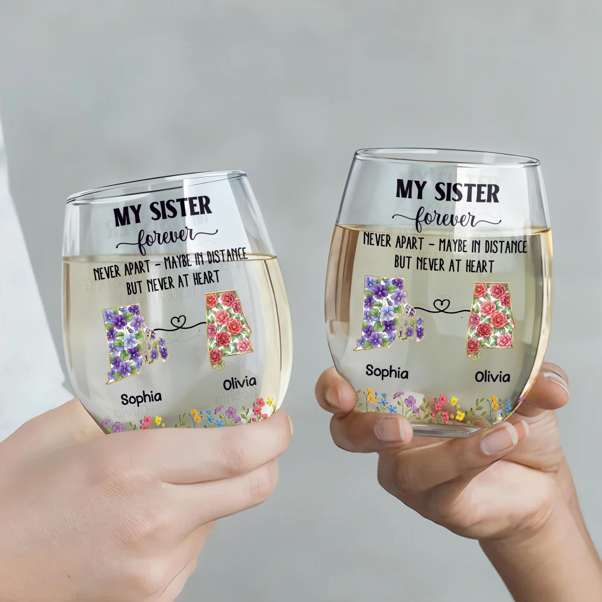 Personalized Floral Stemless Wine Glass Gift for Sister