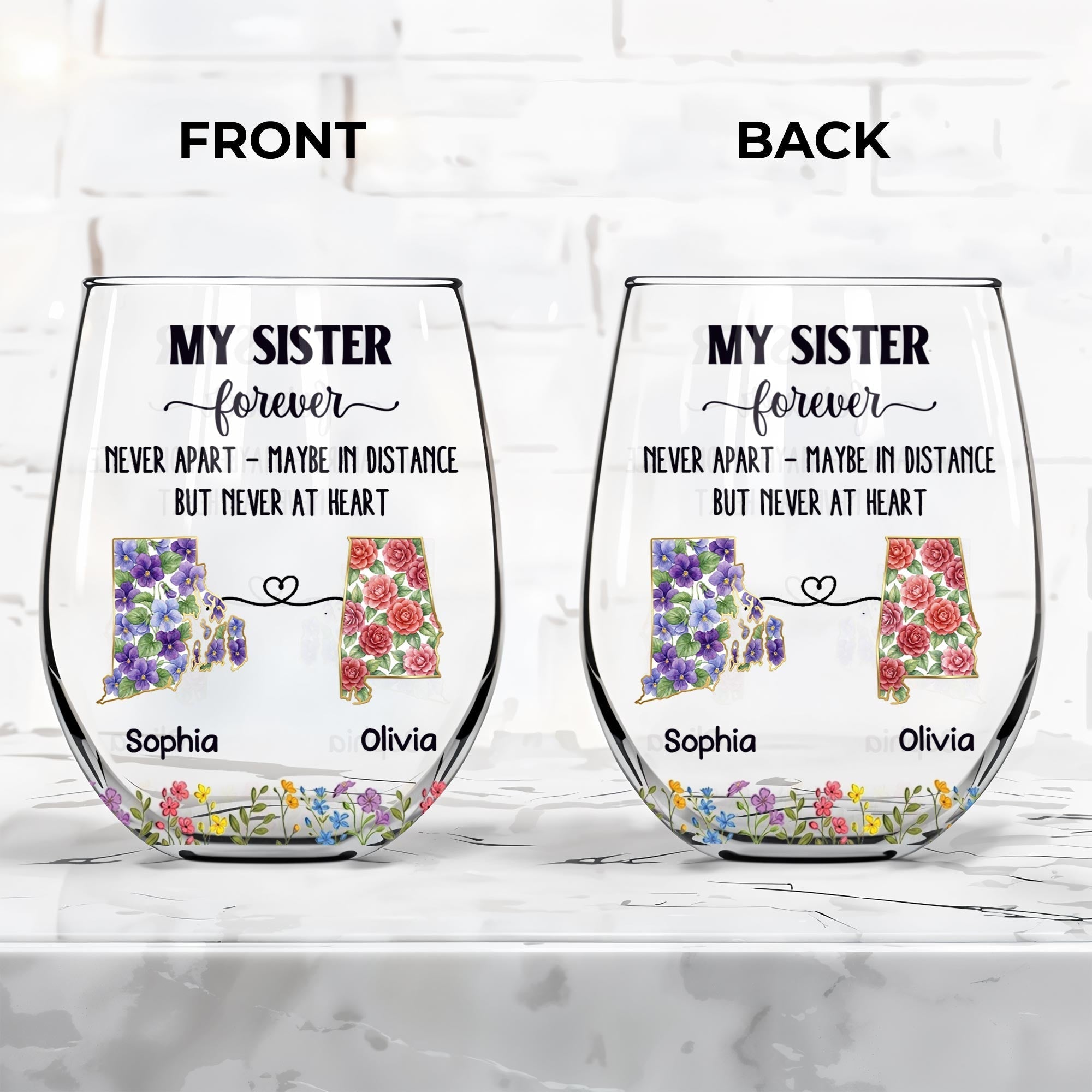 Personalized Floral Stemless Wine Glass Gift for Sister