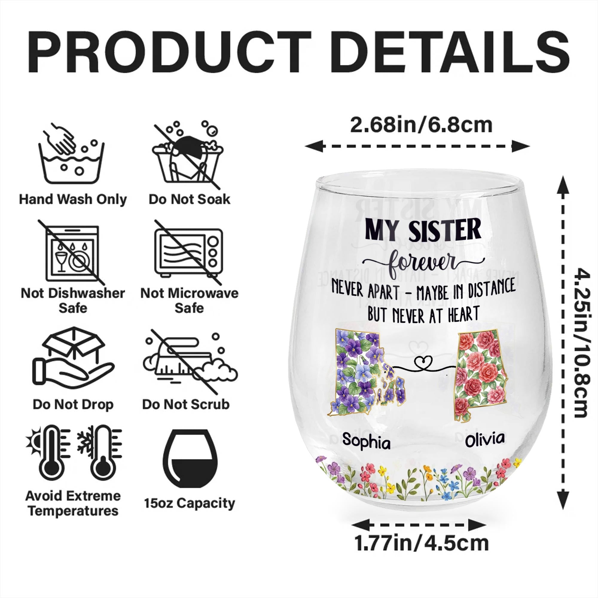 Personalized Floral Stemless Wine Glass Gift for Sister