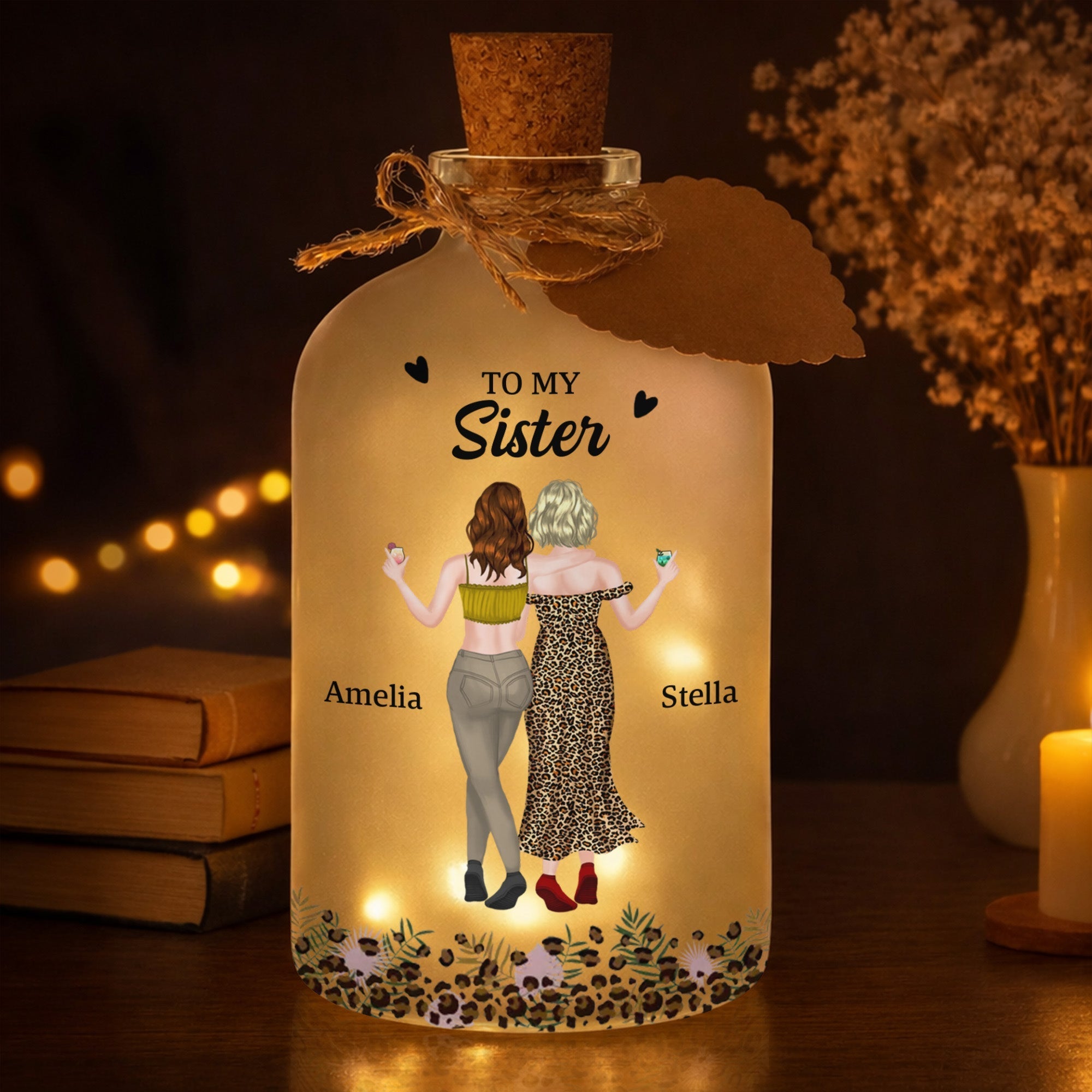Personalized Short Bottle Light Custom Sister Gift Leopard Print