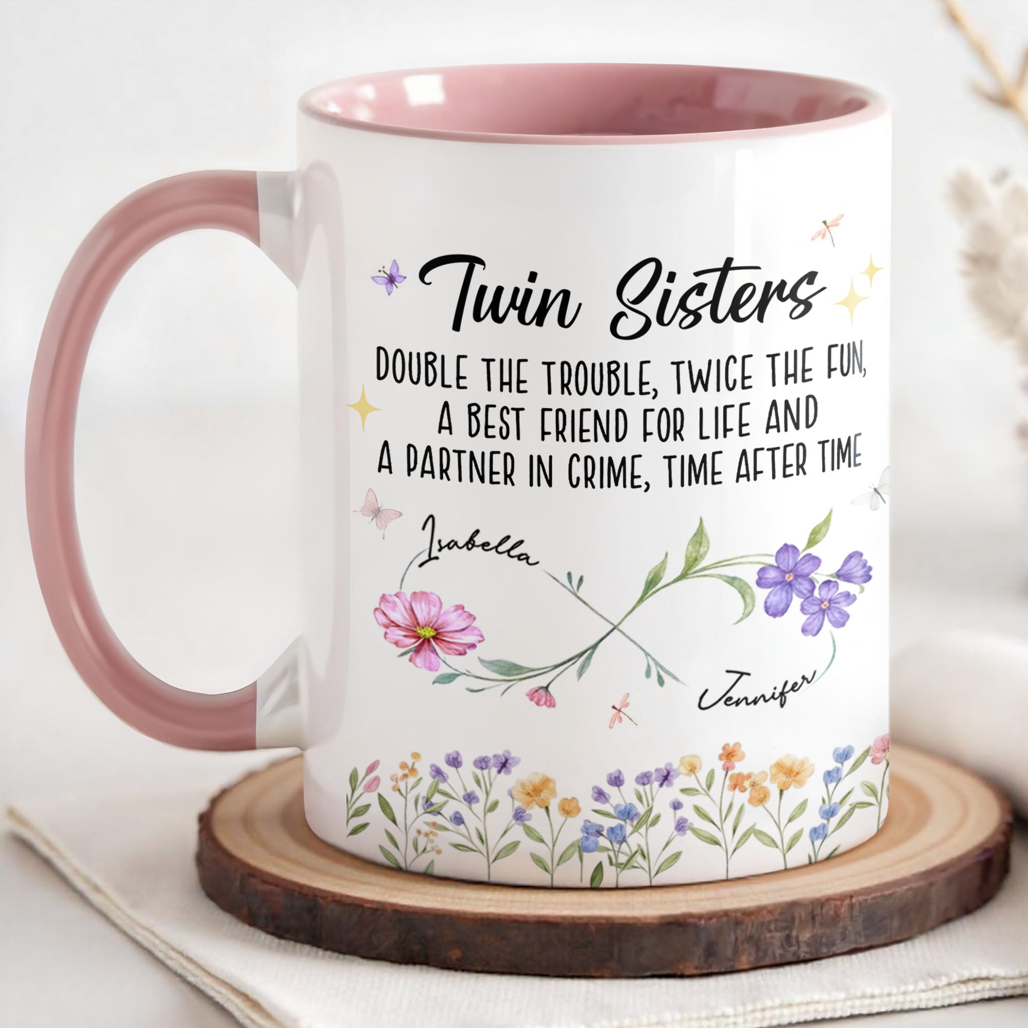 Personalized Accent Mug Birth Month Flowers Infinity Symbol Gift for Sisters