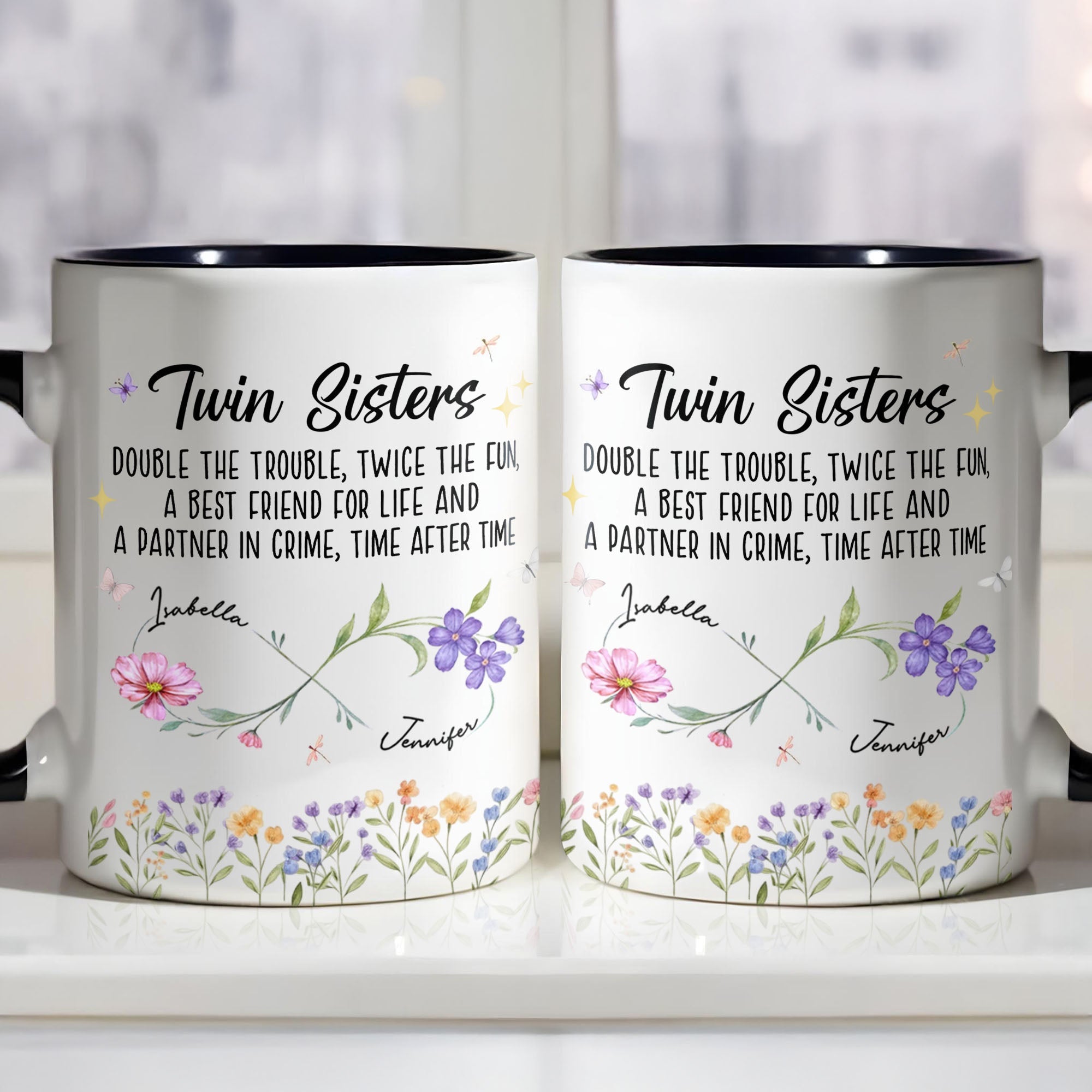 Personalized Accent Mug Birth Month Flowers Infinity Symbol Gift for Sisters