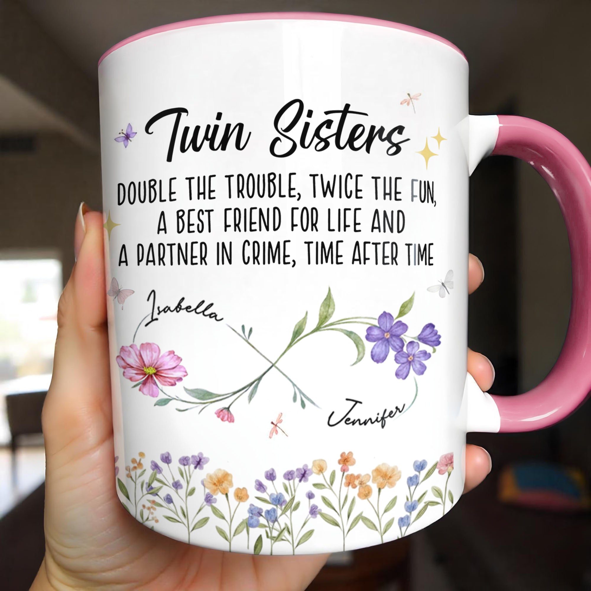 Personalized Accent Mug Birth Month Flowers Infinity Symbol Gift for Sisters