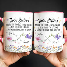 Load image into Gallery viewer, Personalized Accent Mug Birth Month Flowers Infinity Symbol Gift for Sisters
