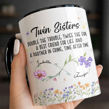 Load image into Gallery viewer, Personalized Accent Mug Birth Month Flowers Infinity Symbol Gift for Sisters
