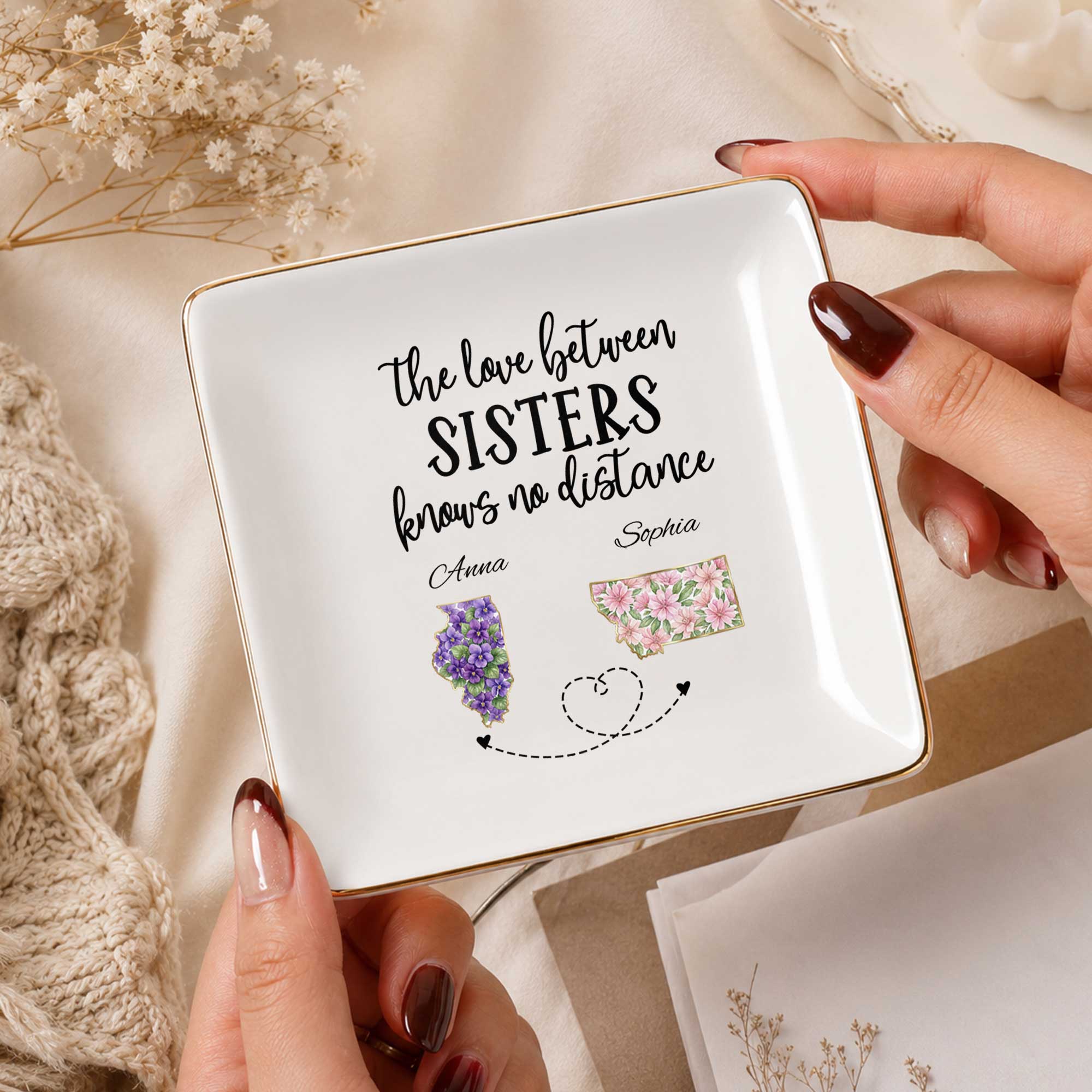Personalized Floral Jewelry Dish Custom Name Gift for Sister