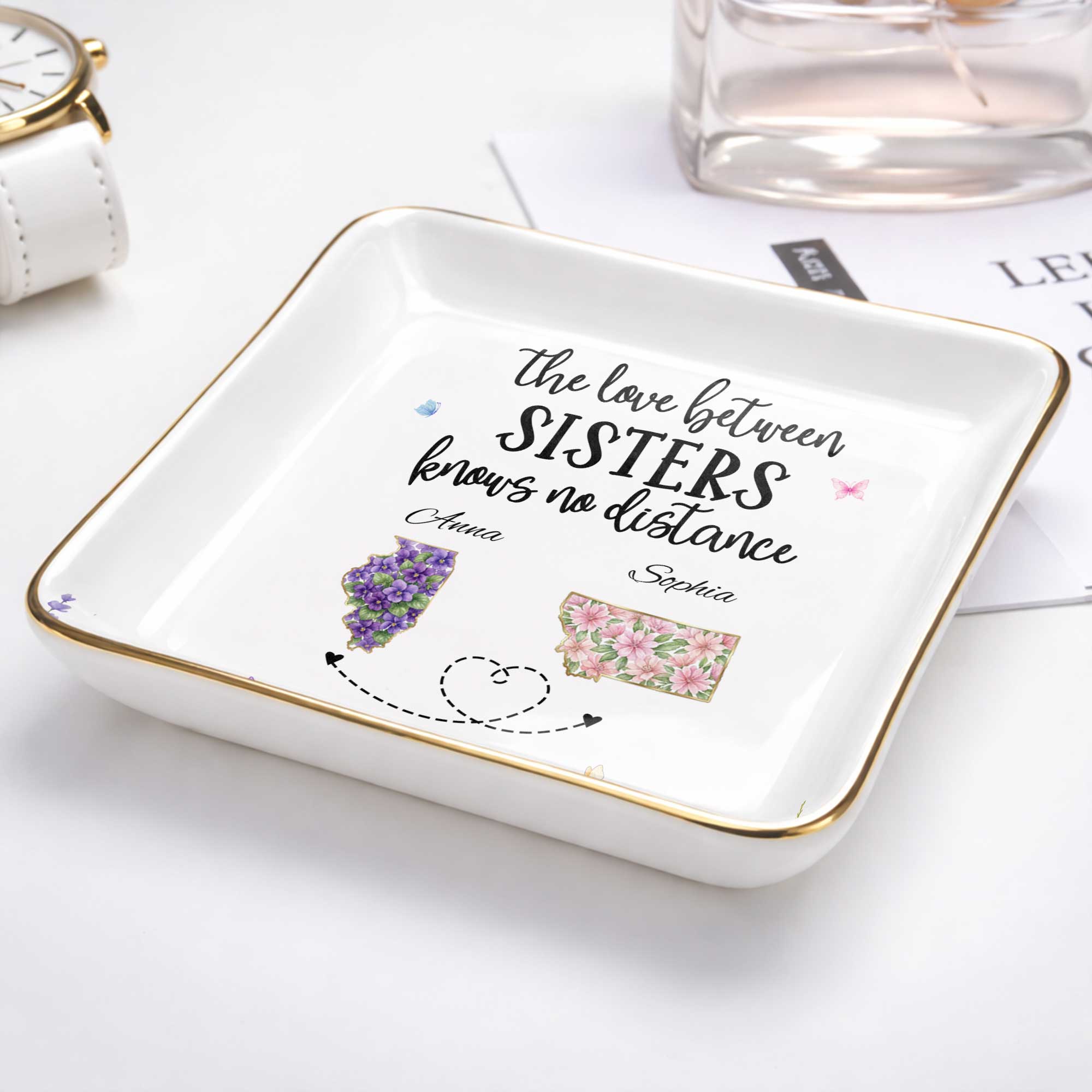 Personalized Floral Jewelry Dish Custom Gift for Sister