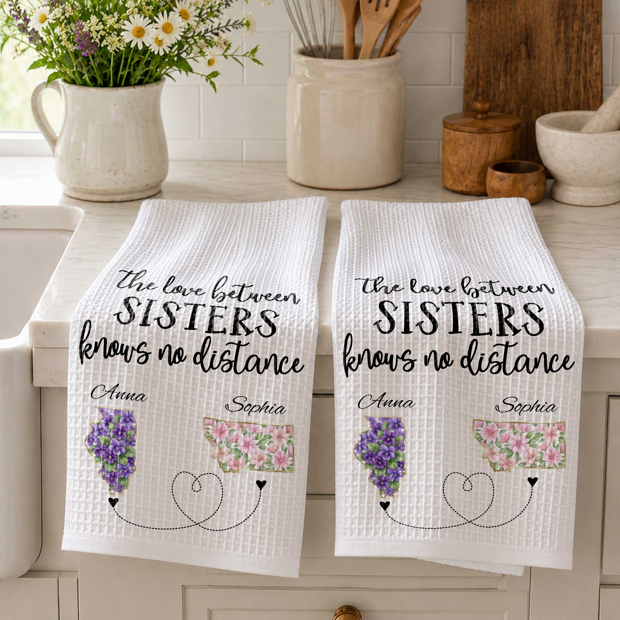 Personalized Floral State Map Kitchen Towel Gift for Sister