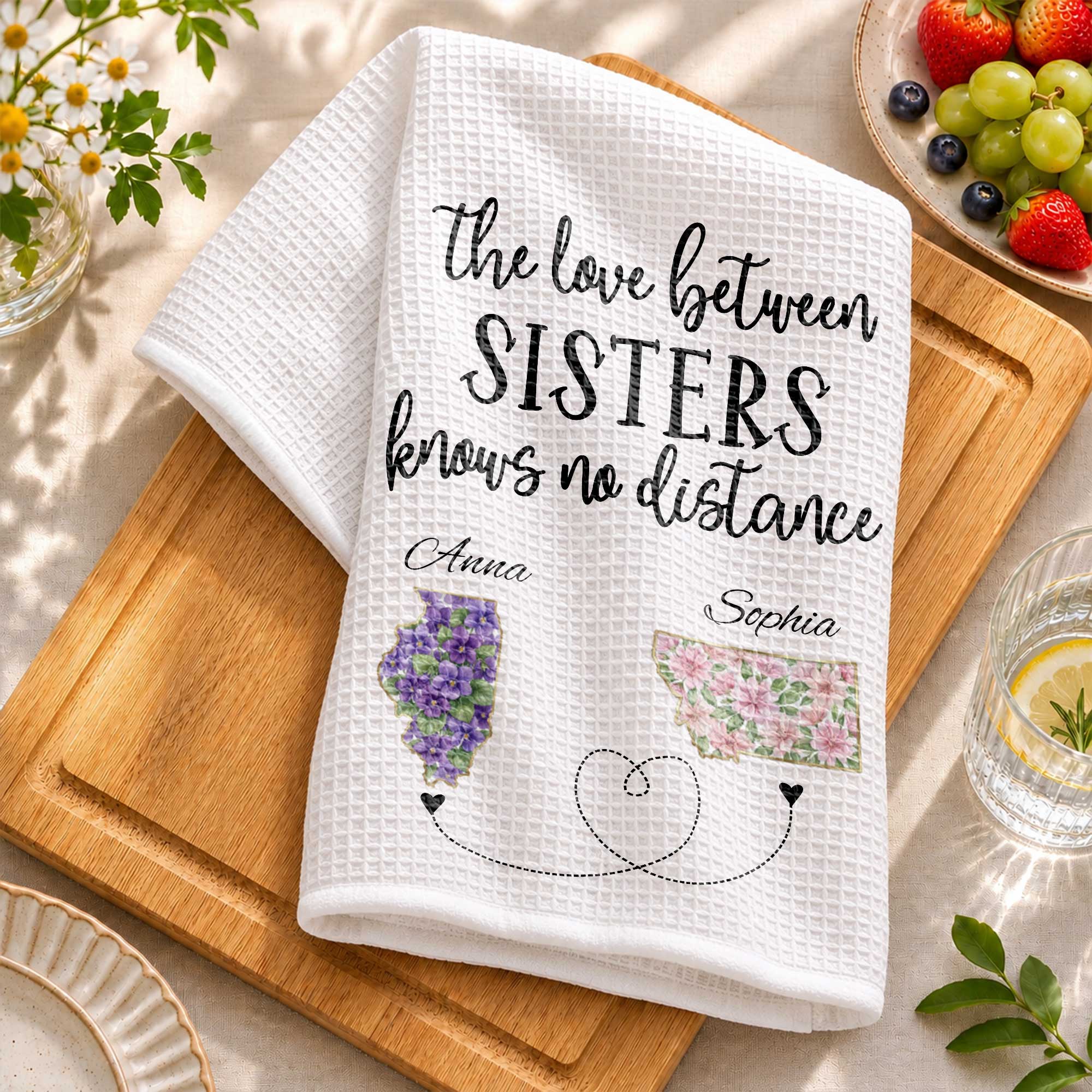 Personalized Floral State Map Kitchen Towel Gift for Sister