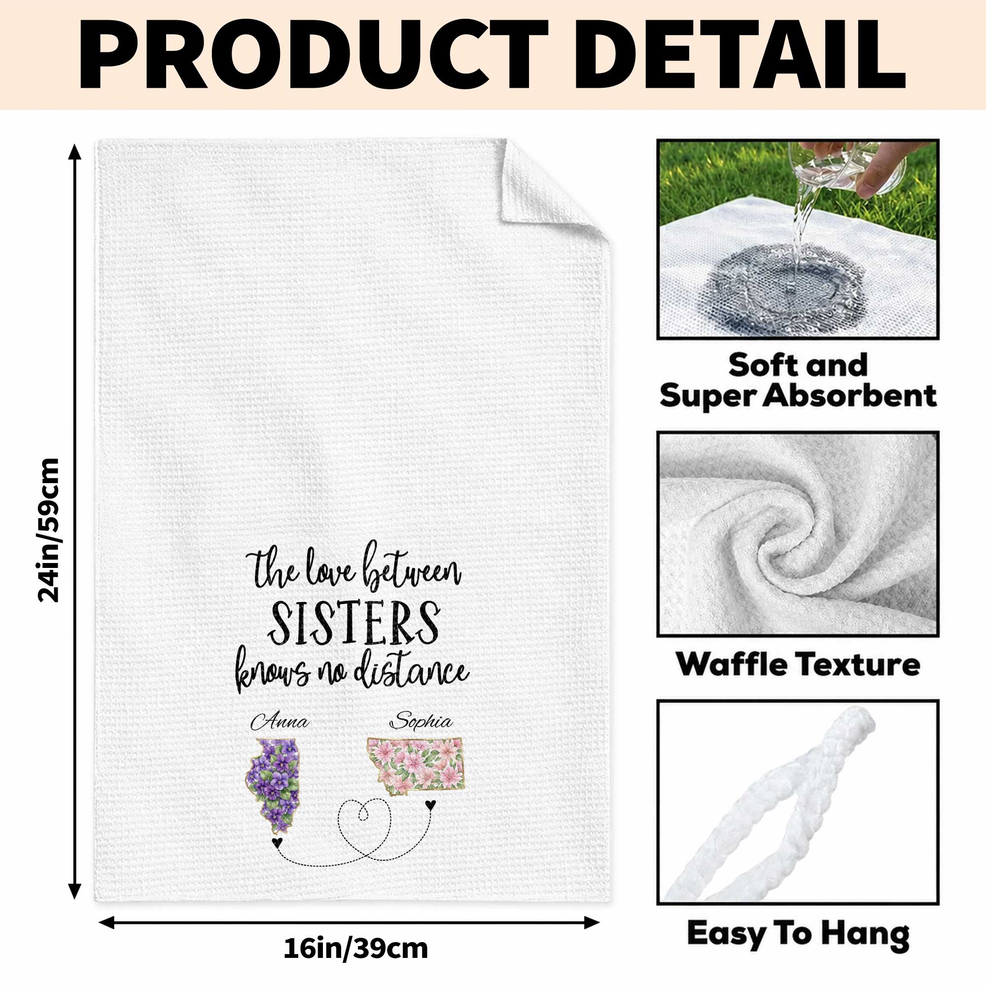 Personalized Floral State Map Kitchen Towel Gift for Sister