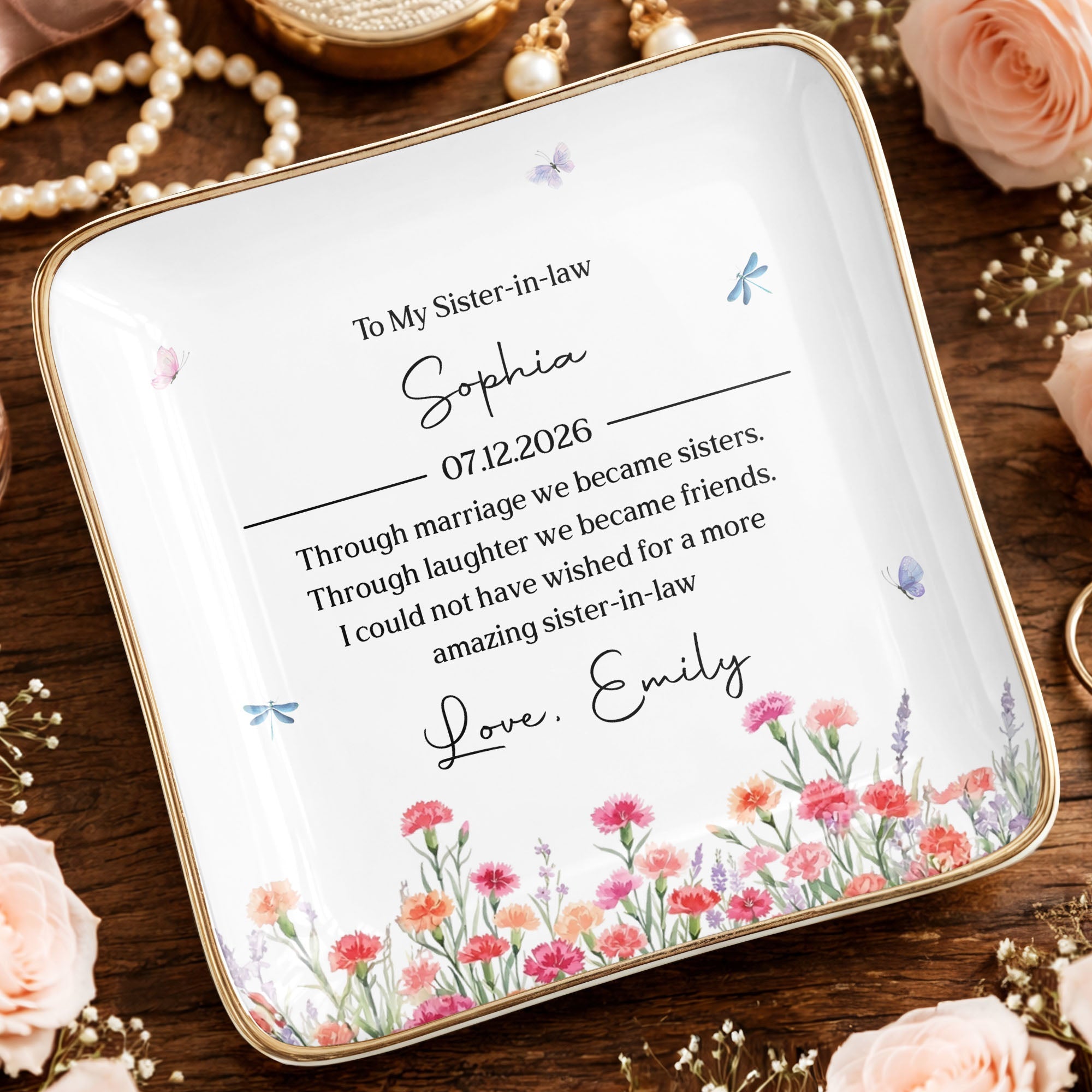 Personalized Floral Jewelry Dish Custom Gift for Sister-in-Law