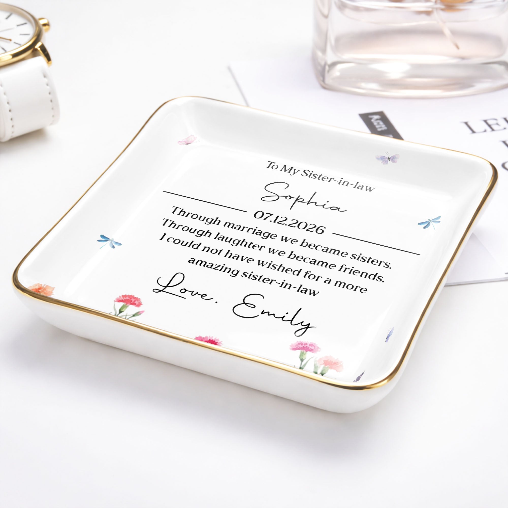 Personalized Floral Jewelry Dish Custom Gift for Sister-in-Law