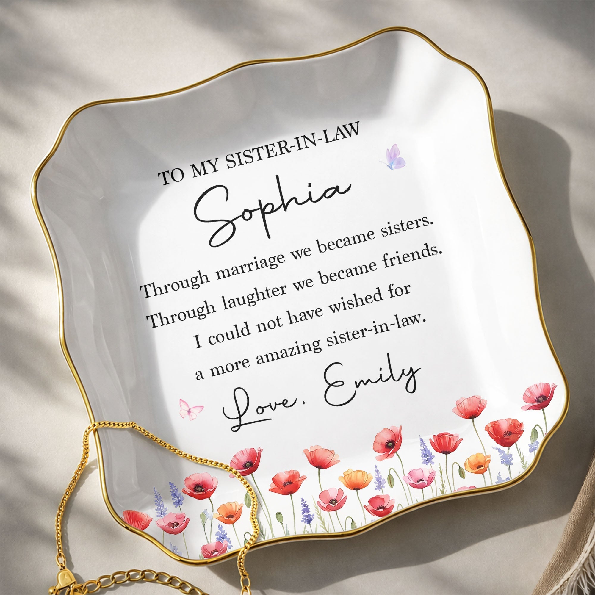 Personalized Lace Square Jewelry Dish Custom Birth Flowers Gift for Sister-in-Law