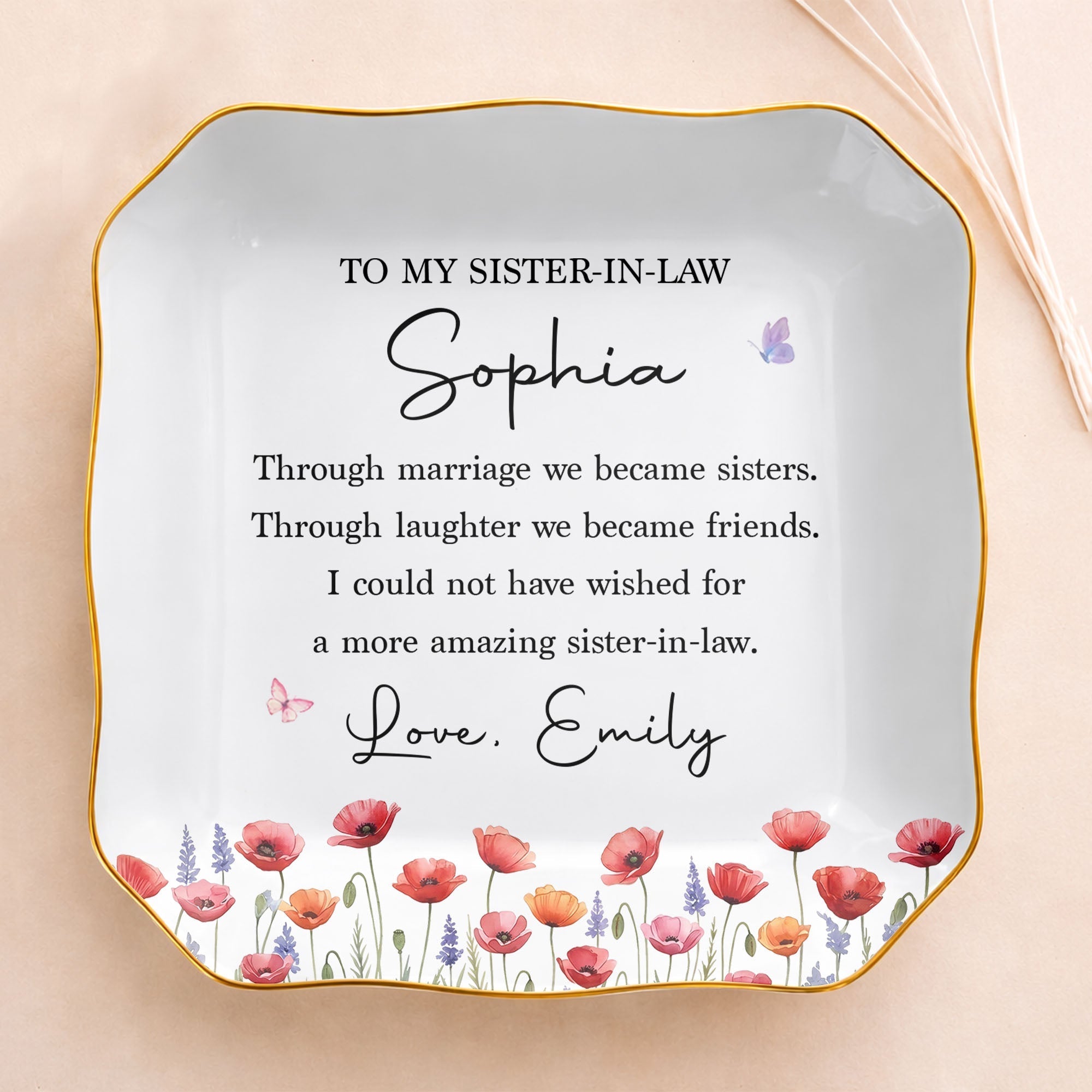 Personalized Lace Square Jewelry Dish Custom Birth Flowers Gift for Sister-in-Law