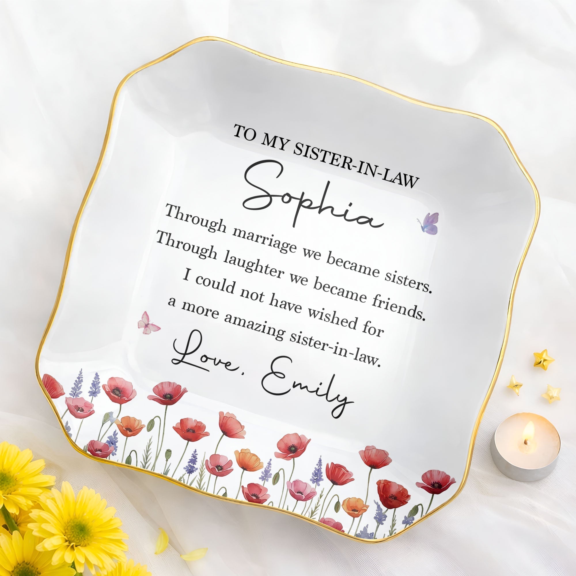 Personalized Lace Square Jewelry Dish Custom Birth Flowers Gift for Sister-in-Law