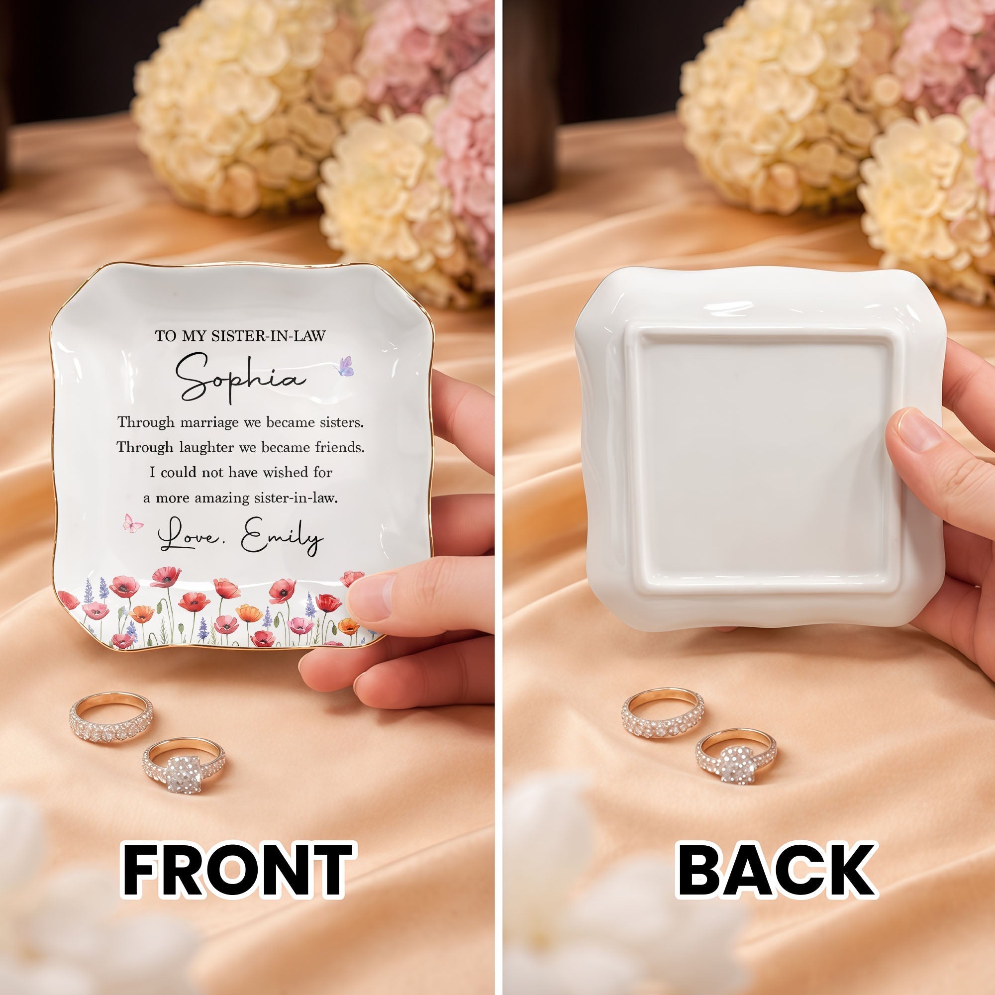 Personalized Lace Square Jewelry Dish Custom Birth Flowers Gift for Sister-in-Law