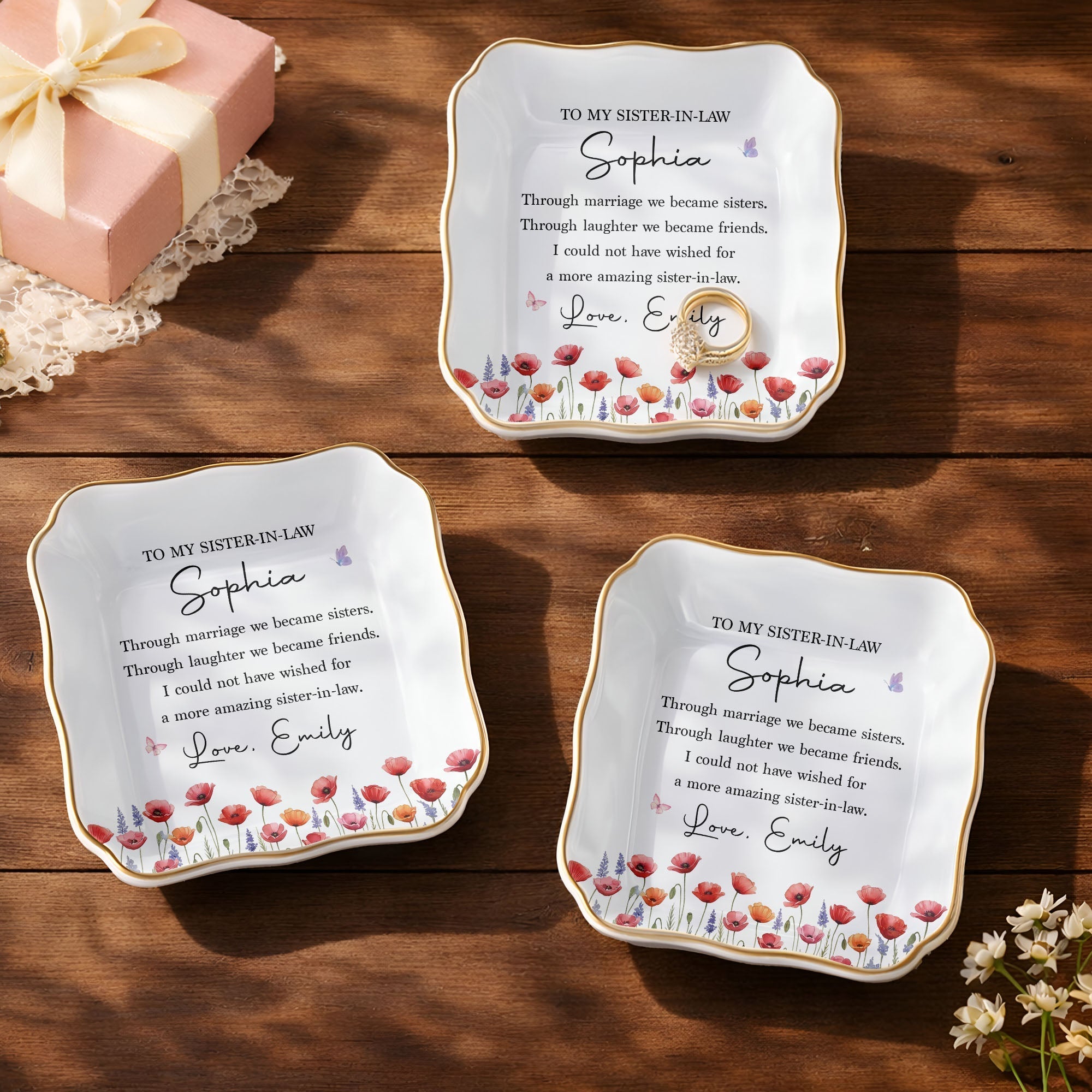 Personalized Lace Square Jewelry Dish Custom Birth Flowers Gift for Sister-in-Law