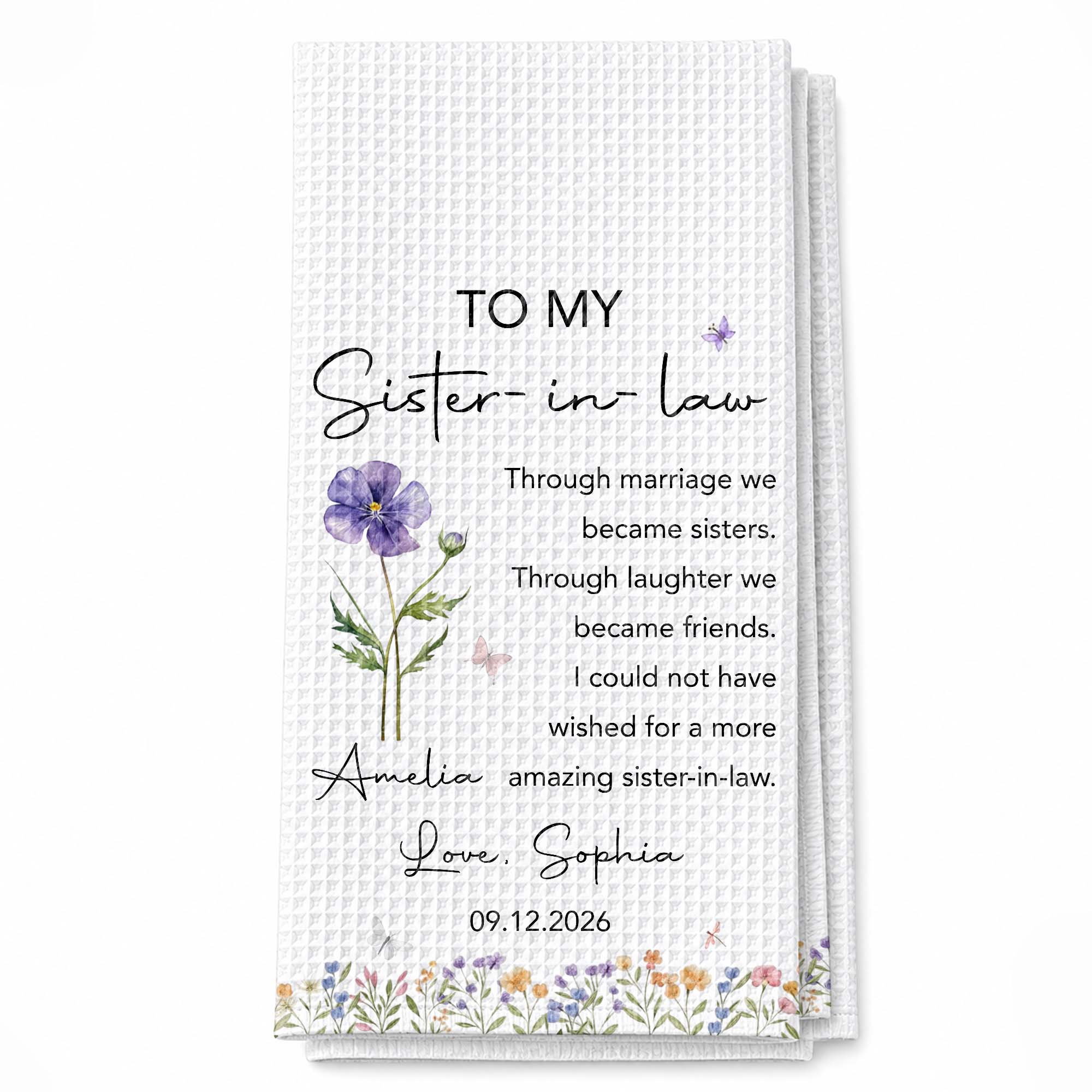 Personalized Kitchen Towel Custom Birth Month Flowers Gift for Sister-in-Law