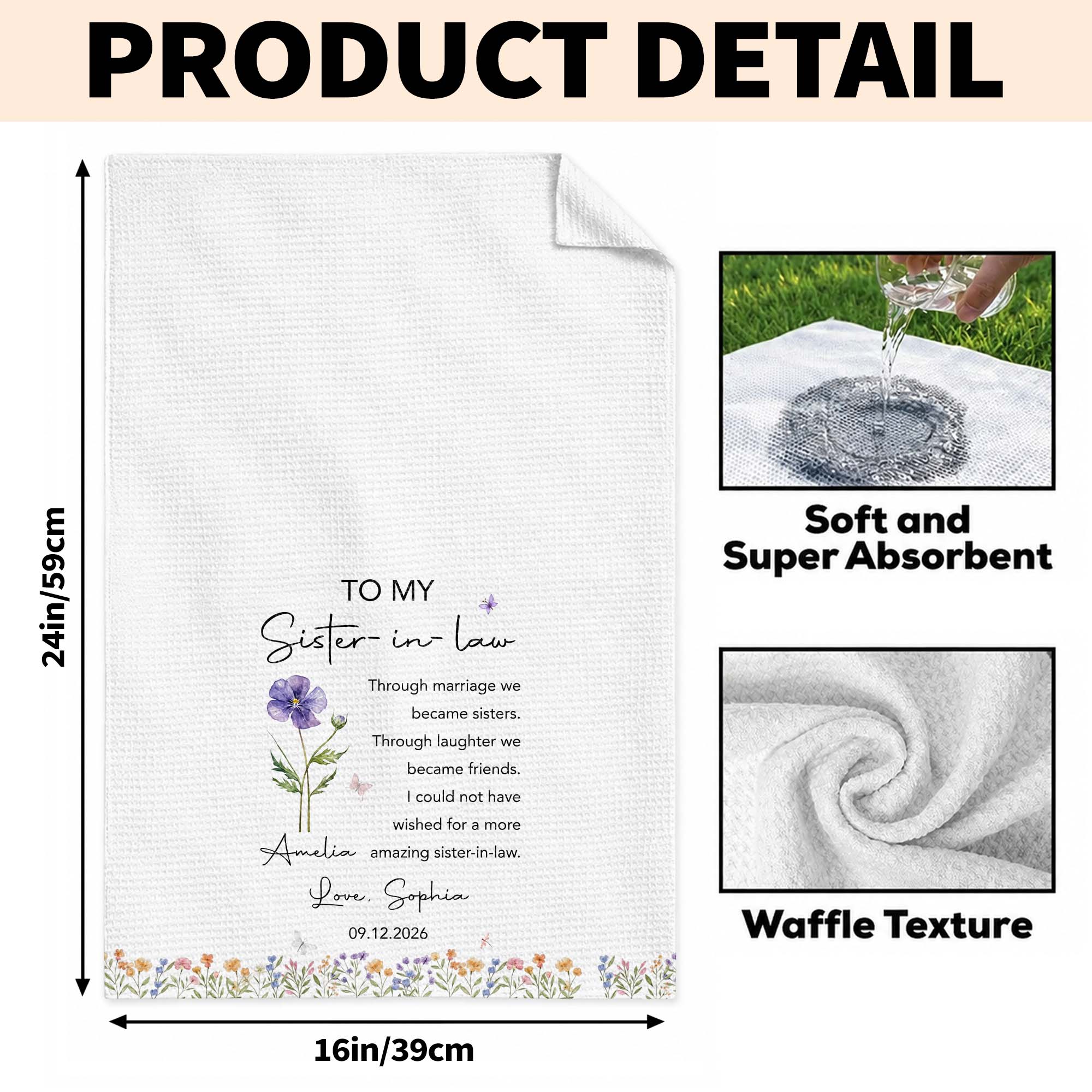 Personalized Kitchen Towel Custom Birth Month Flowers Gift for Sister-in-Law