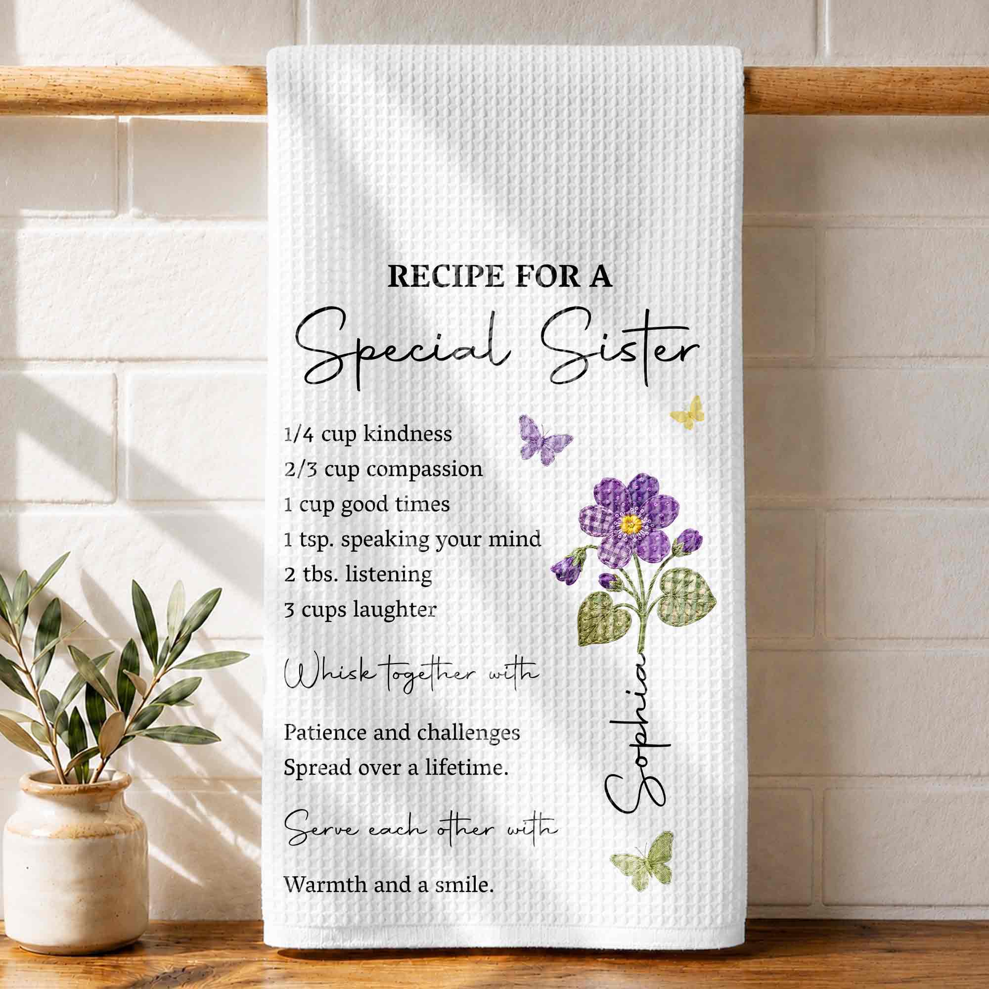 Personalized Kitchen Towel Recipe Gift for Sister with Flowers