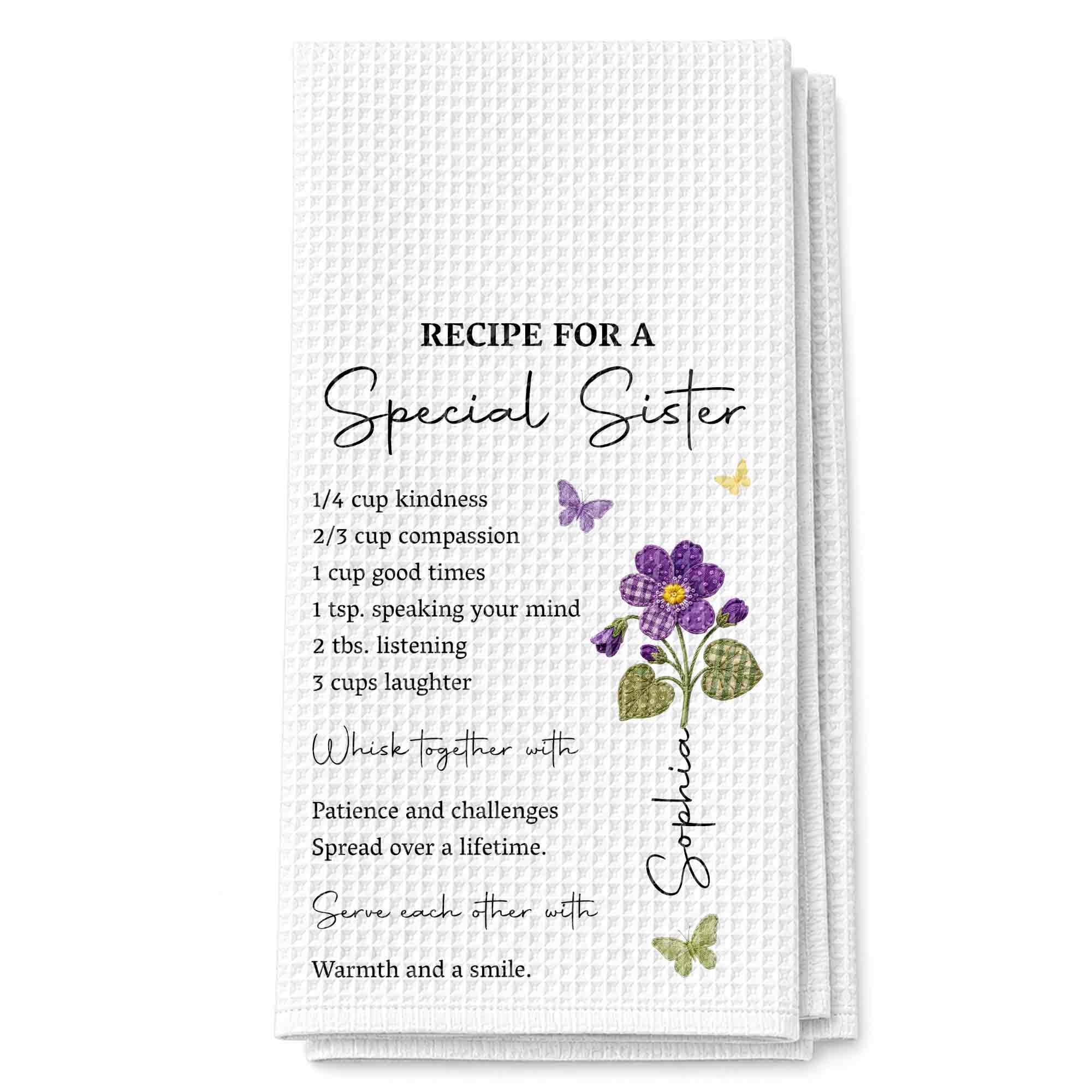 Personalized Kitchen Towel Recipe Gift for Sister with Flowers