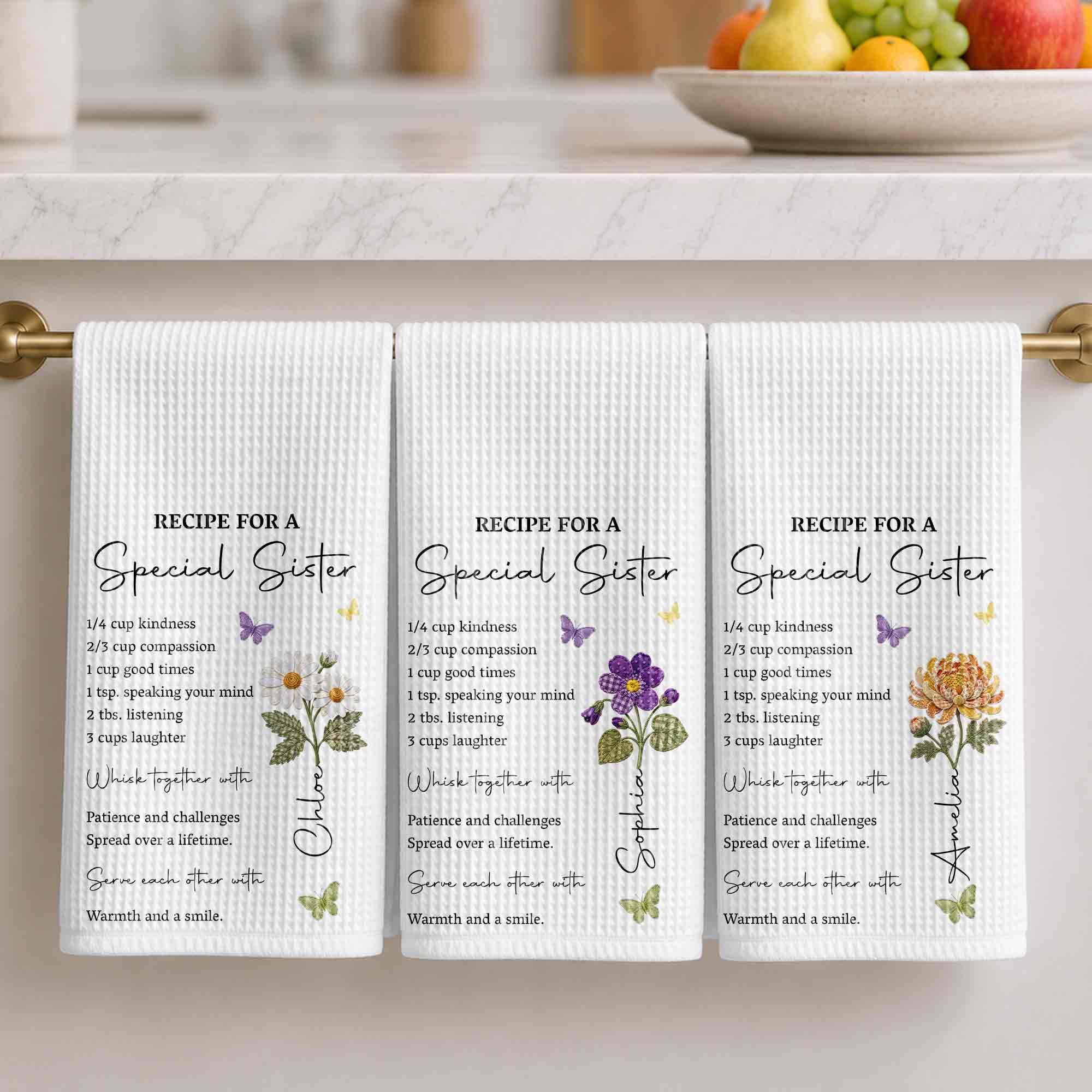 Personalized Kitchen Towel Recipe Gift for Sister with Flowers