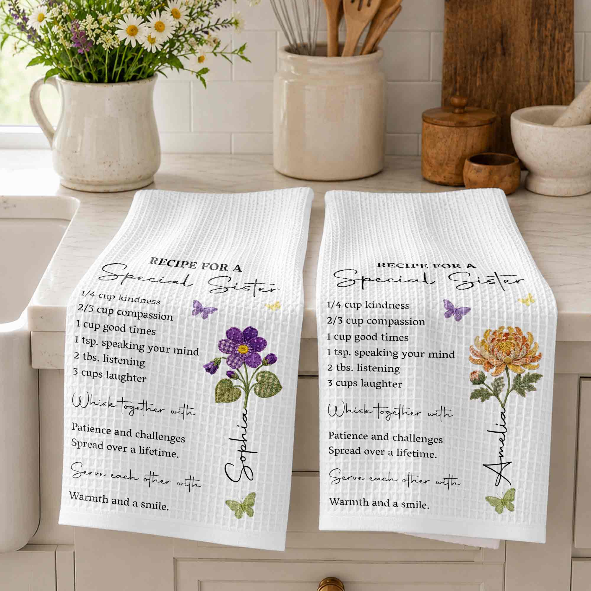 Personalized Kitchen Towel Recipe Gift for Sister with Flowers