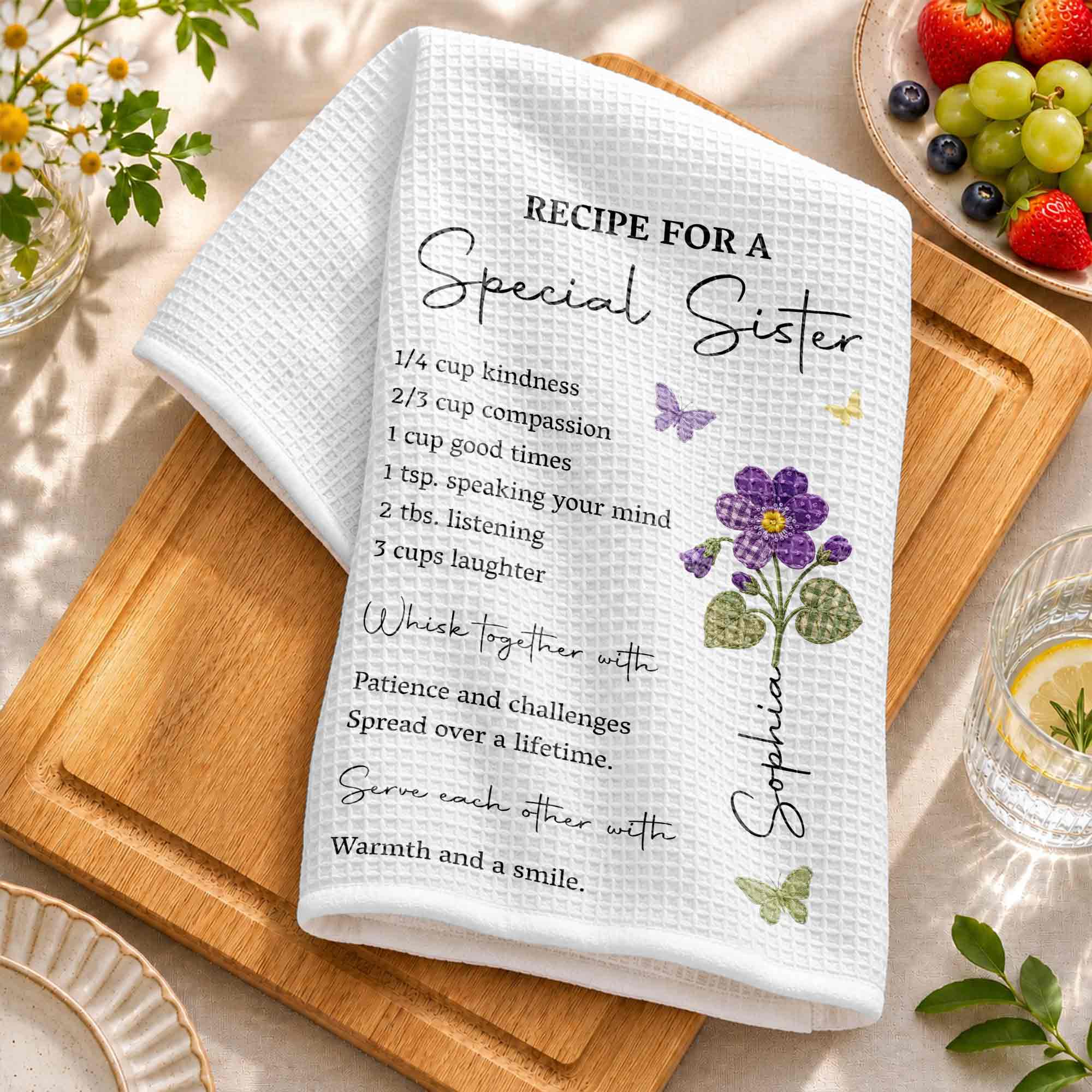 Personalized Kitchen Towel Recipe Gift for Sister with Flowers