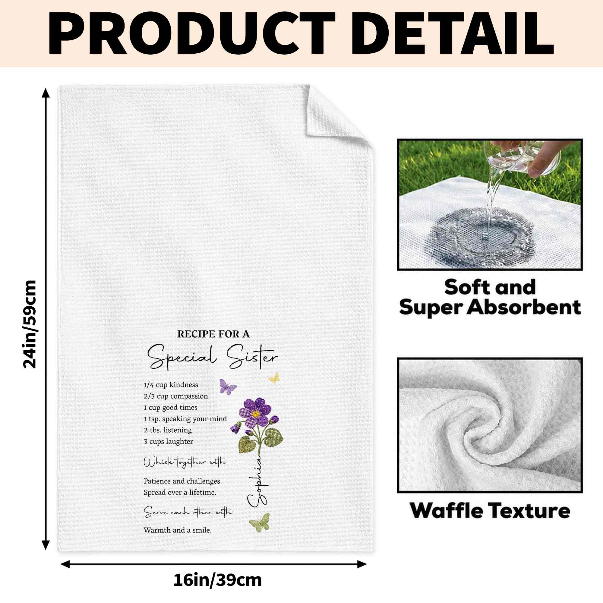 Personalized Kitchen Towel Recipe Gift for Sister with Flowers