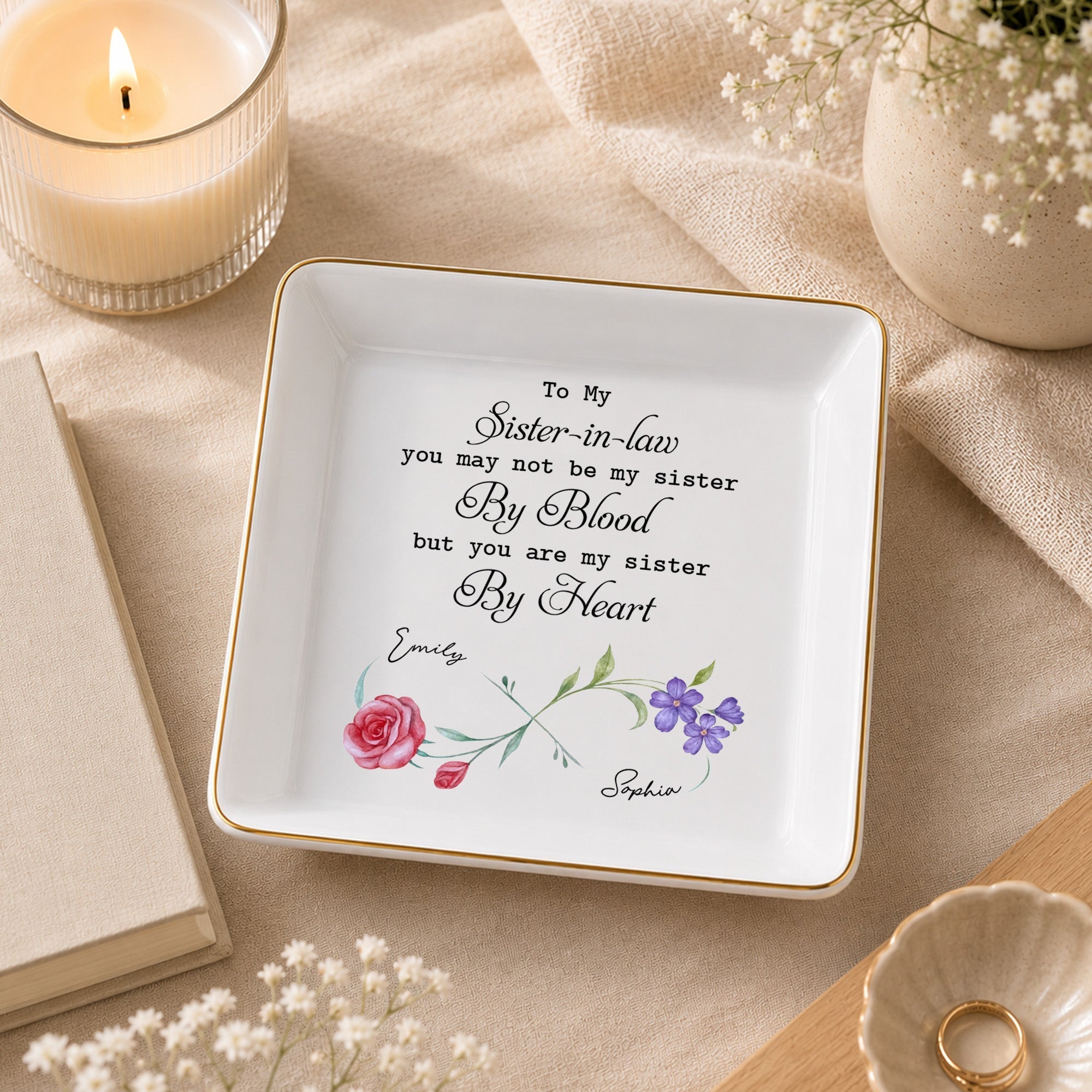 Personalized Birth Month Flowers Jewelry Dish Gift for Sister-in-Law
