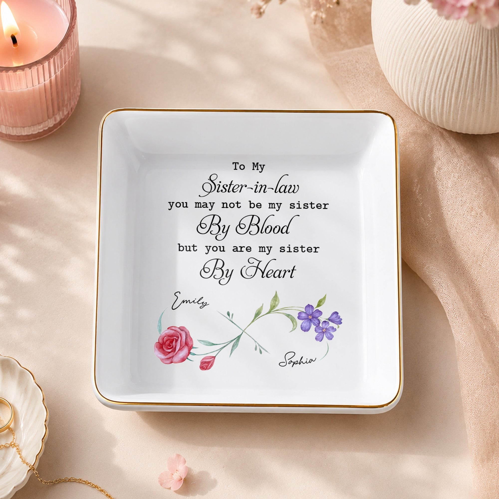 Personalized Birth Month Flowers Jewelry Dish Gift for Sister-in-Law