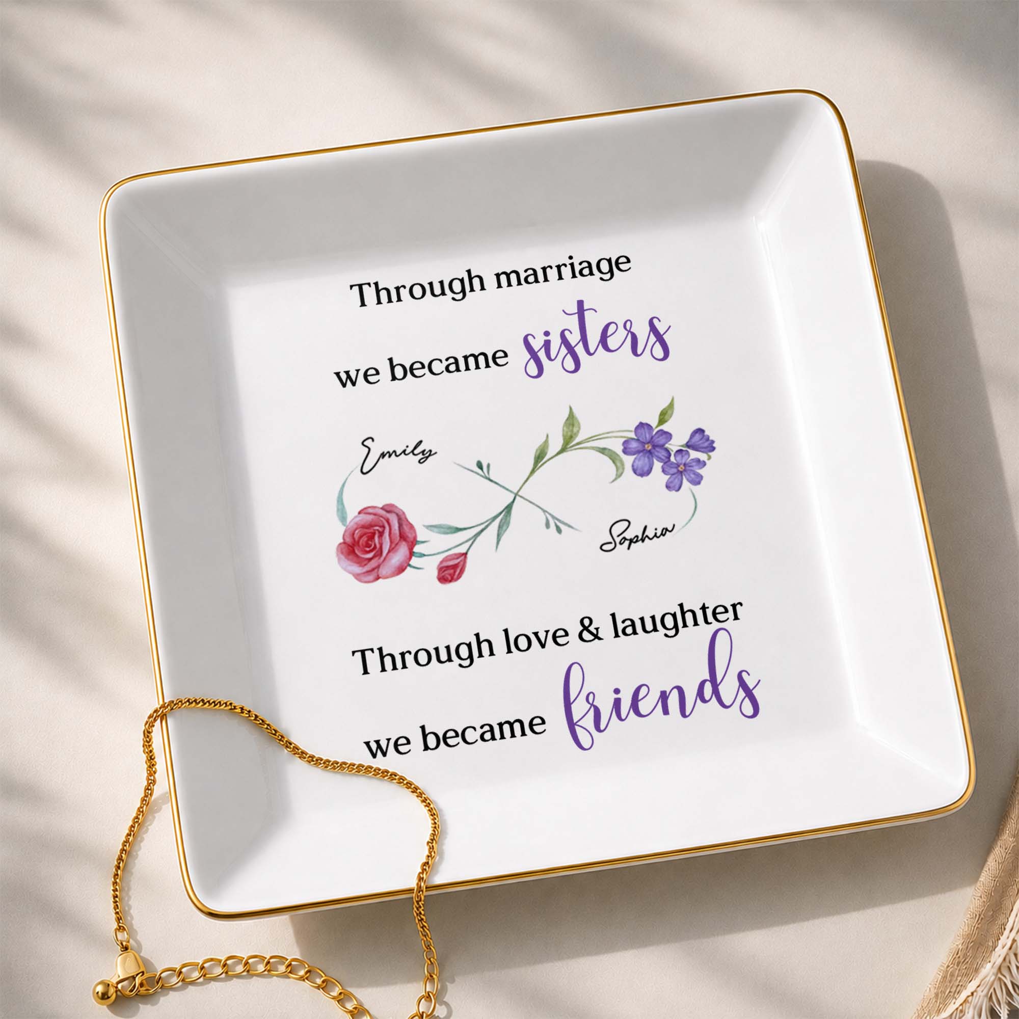 Personalized Floral Infinity Symbol Jewelry Dish Gift for Sister