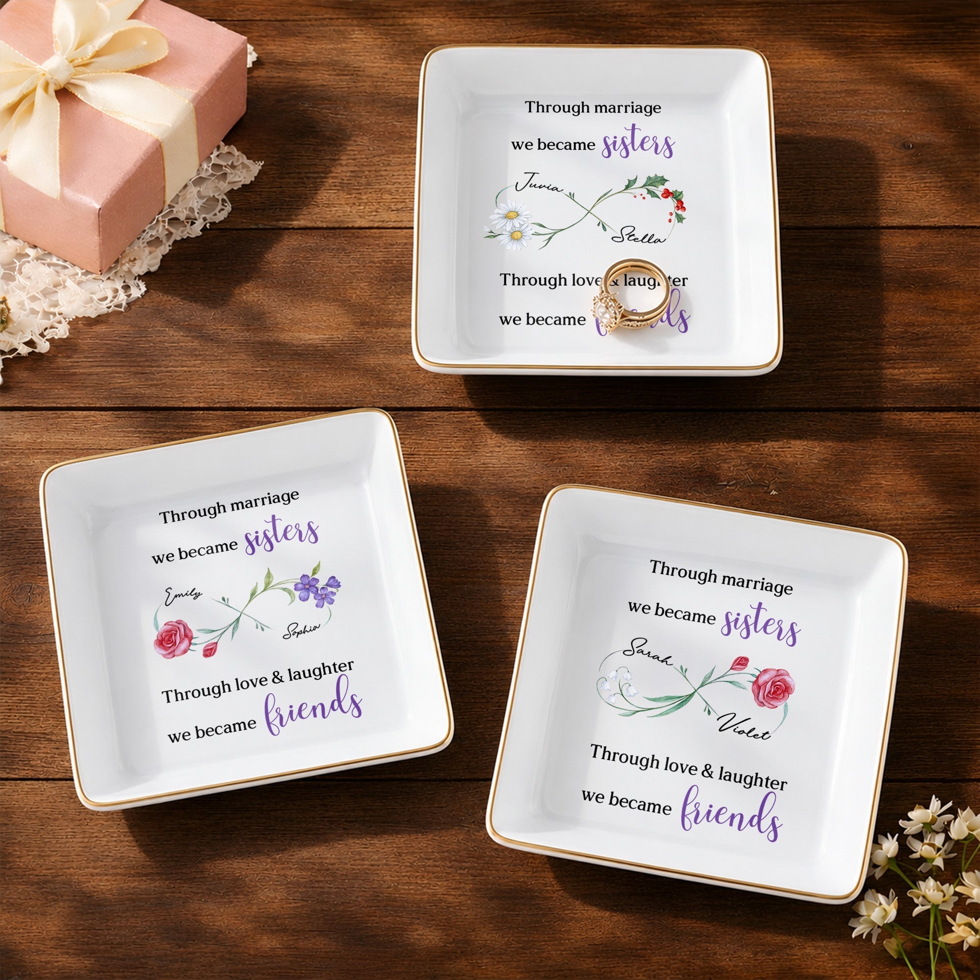 Personalized Floral Infinity Symbol Jewelry Dish Gift for Sister