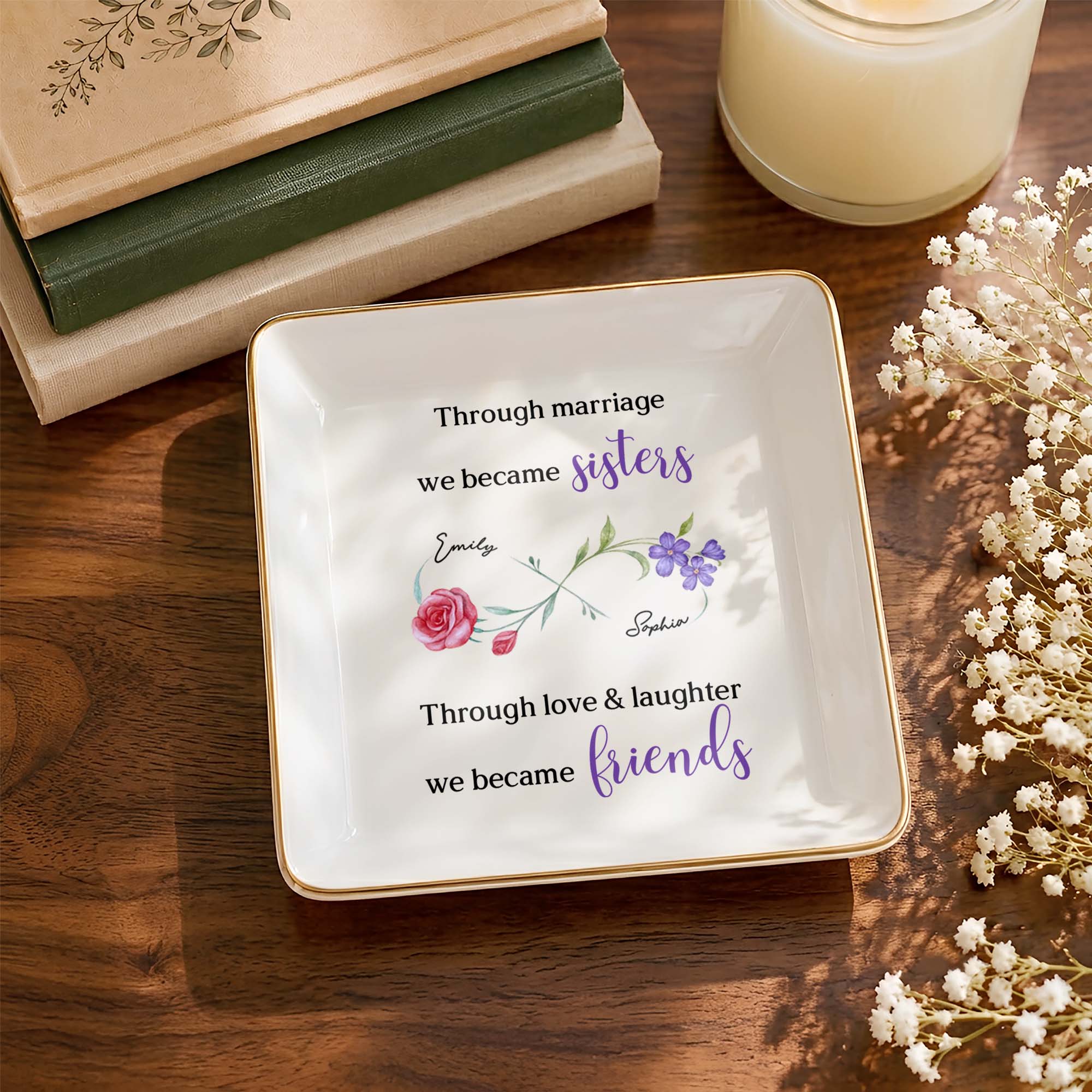 Personalized Floral Infinity Symbol Jewelry Dish Gift for Sister