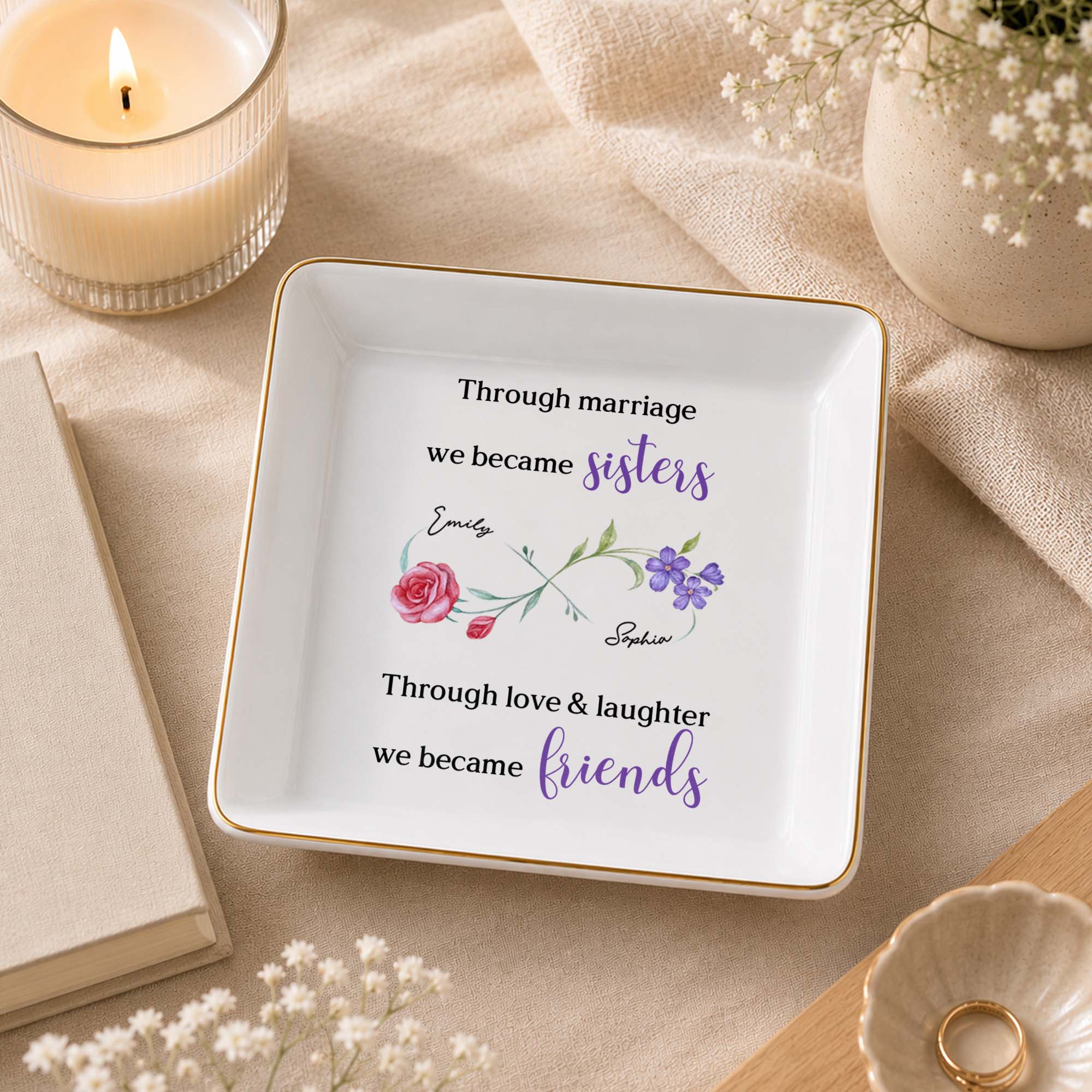 Personalized Floral Infinity Symbol Jewelry Dish Gift for Sister