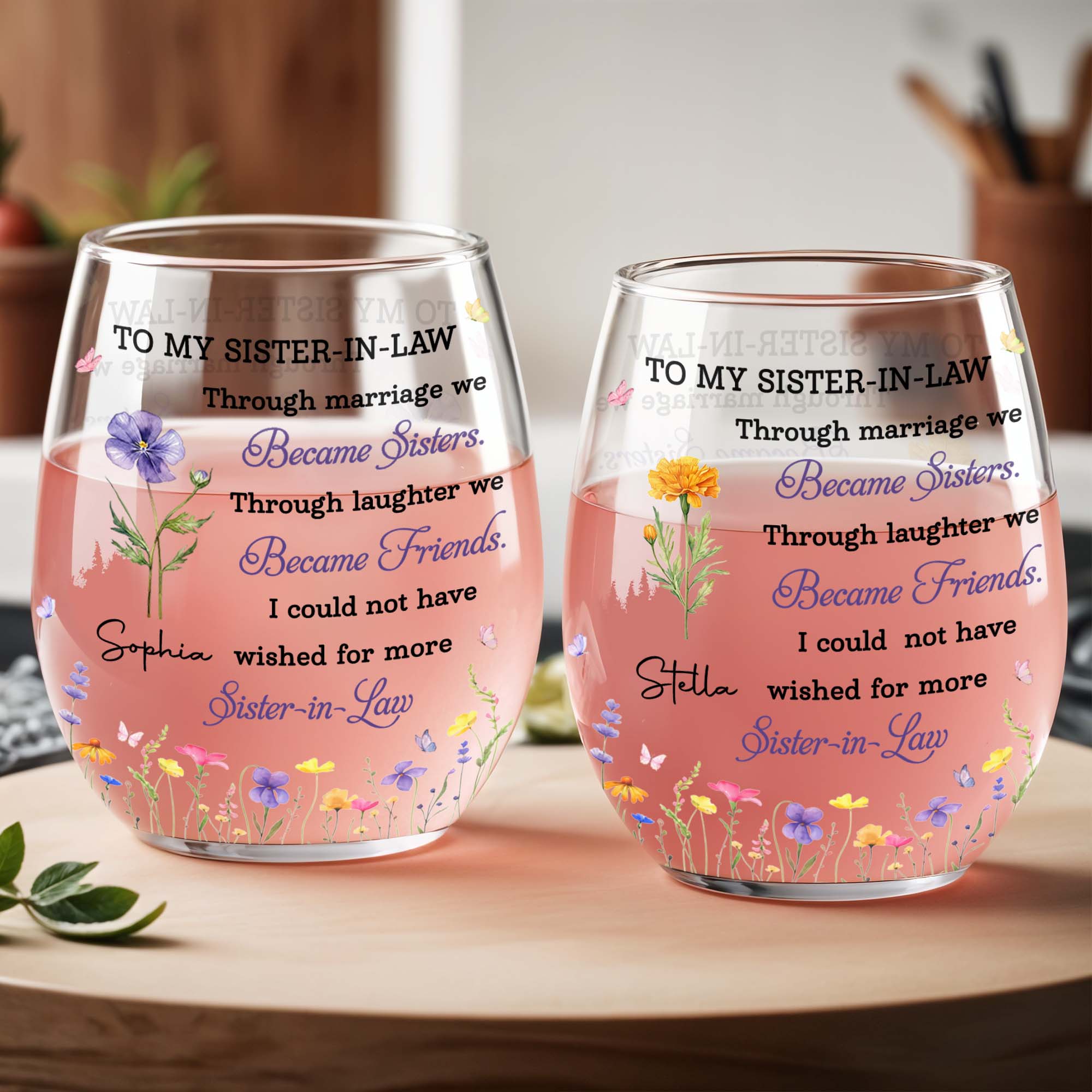 Personalized Stemless Wine Glass Custom Birth Month Flowers Gift for Sister-in-Law