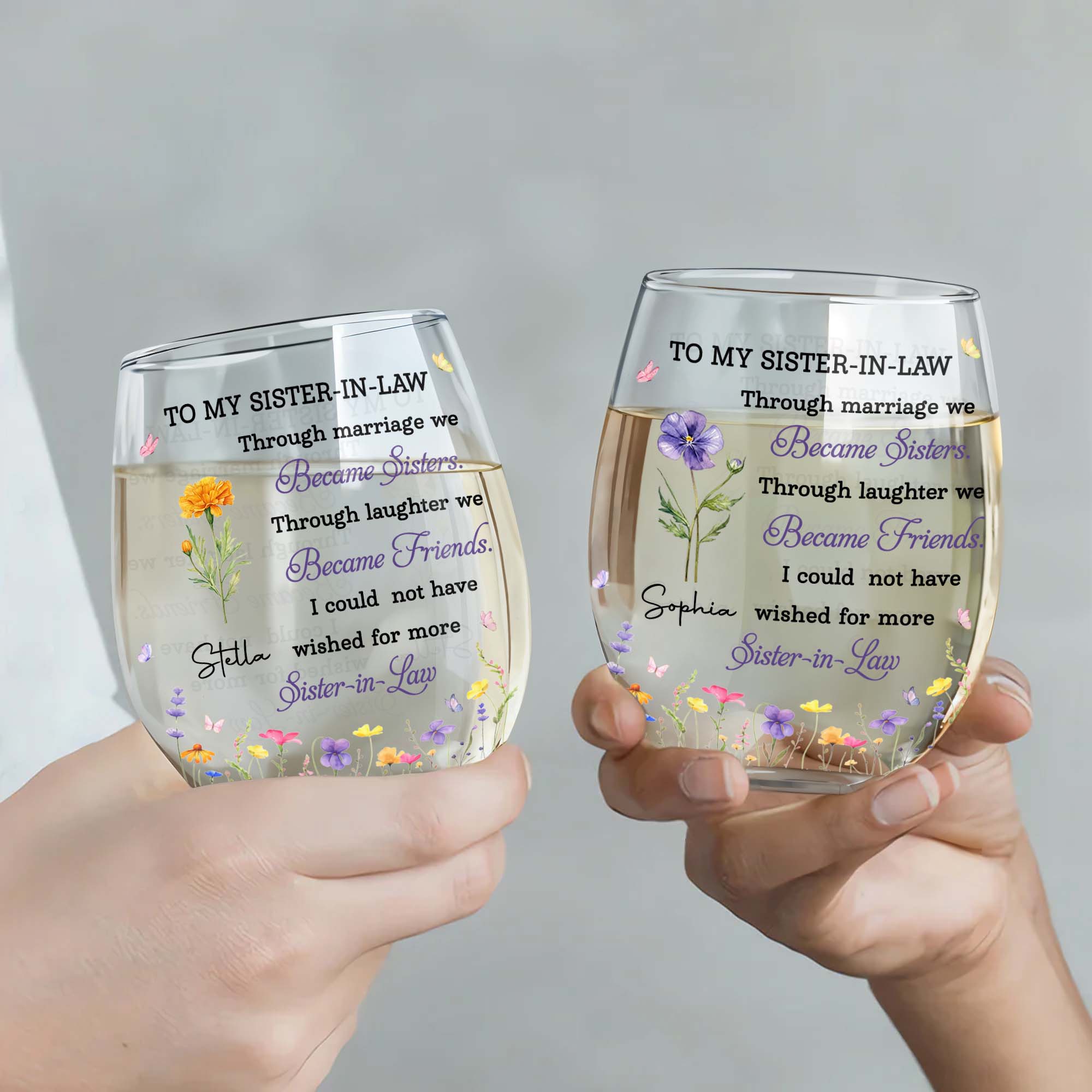 Personalized Stemless Wine Glass Custom Birth Month Flowers Gift for Sister-in-Law