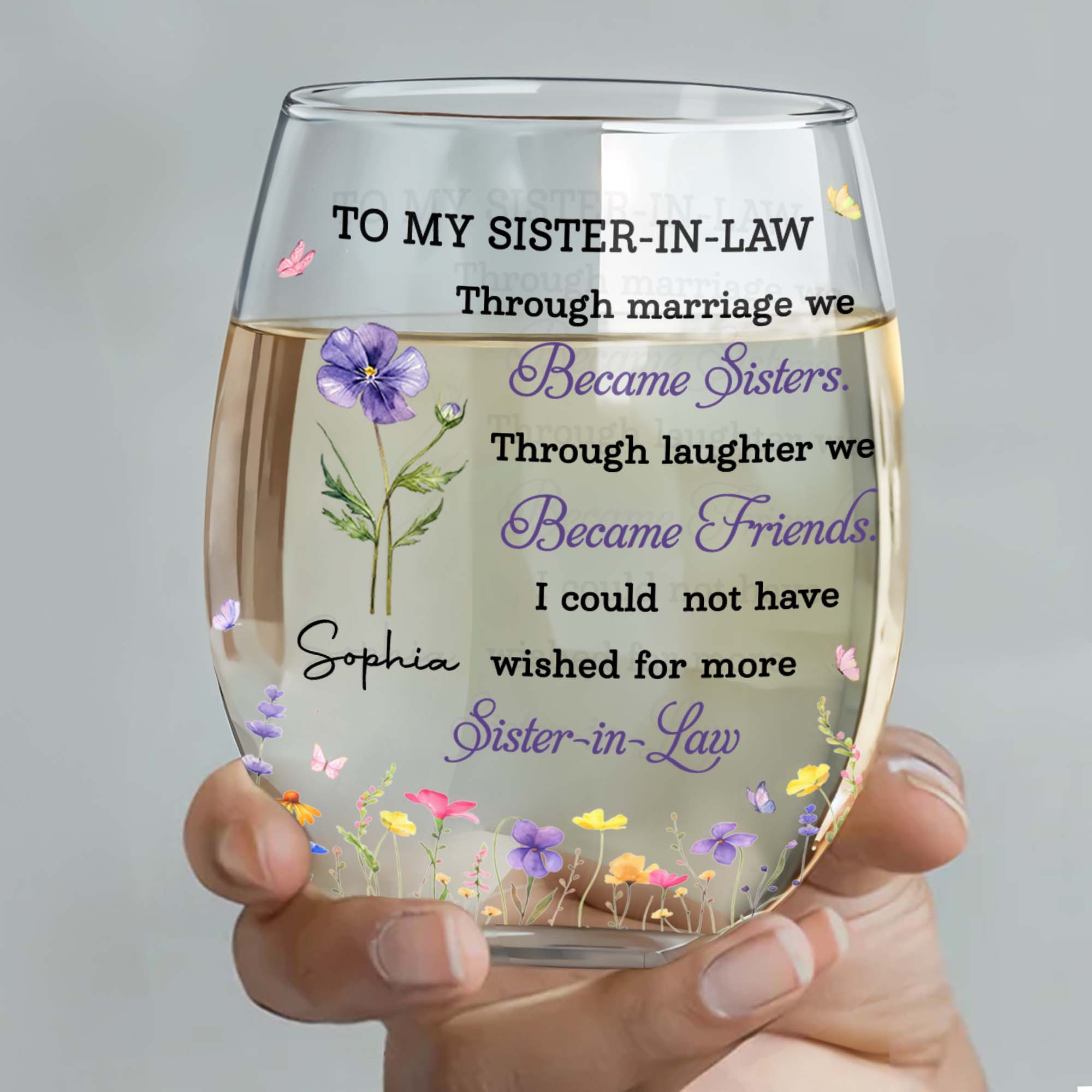 Personalized Stemless Wine Glass Custom Birth Month Flowers Gift for Sister-in-Law