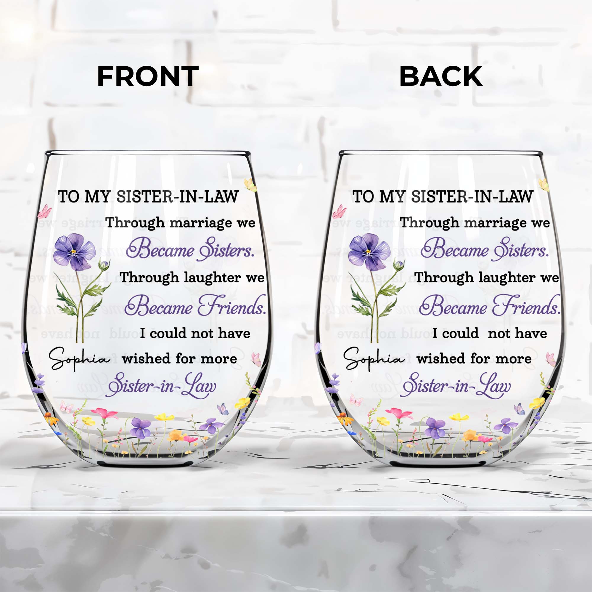 Personalized Stemless Wine Glass Custom Birth Month Flowers Gift for Sister-in-Law