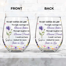 Load image into Gallery viewer, Personalized Stemless Wine Glass Custom Birth Month Flowers Gift for Sister-in-Law
