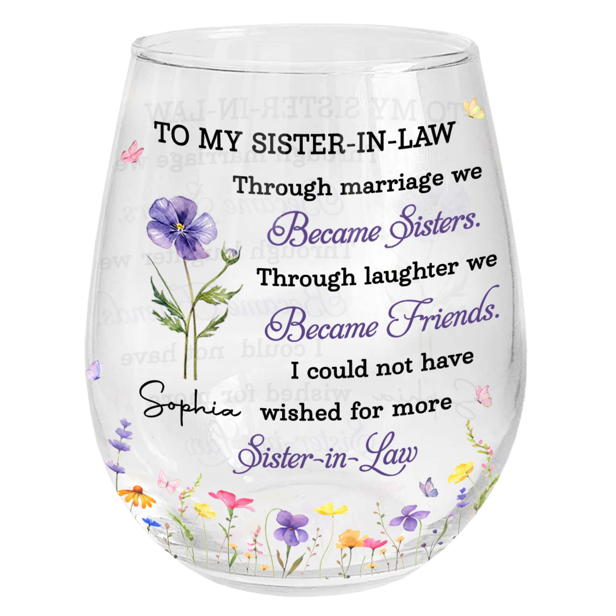 Personalized Stemless Wine Glass Custom Birth Month Flowers Gift for Sister-in-Law
